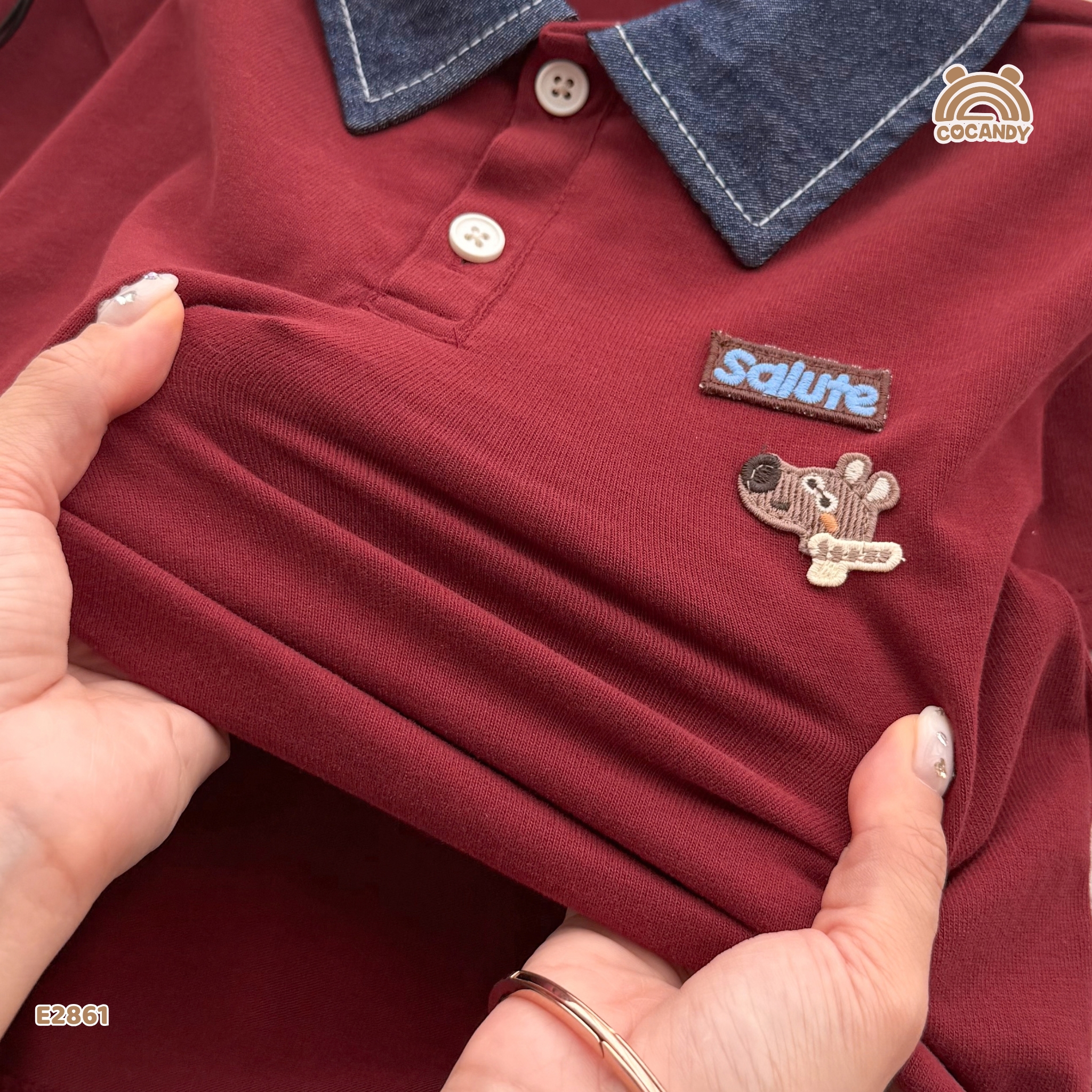 Áo dài polo ĐỎ phối cổ xanh hình cún_thumbnail_3