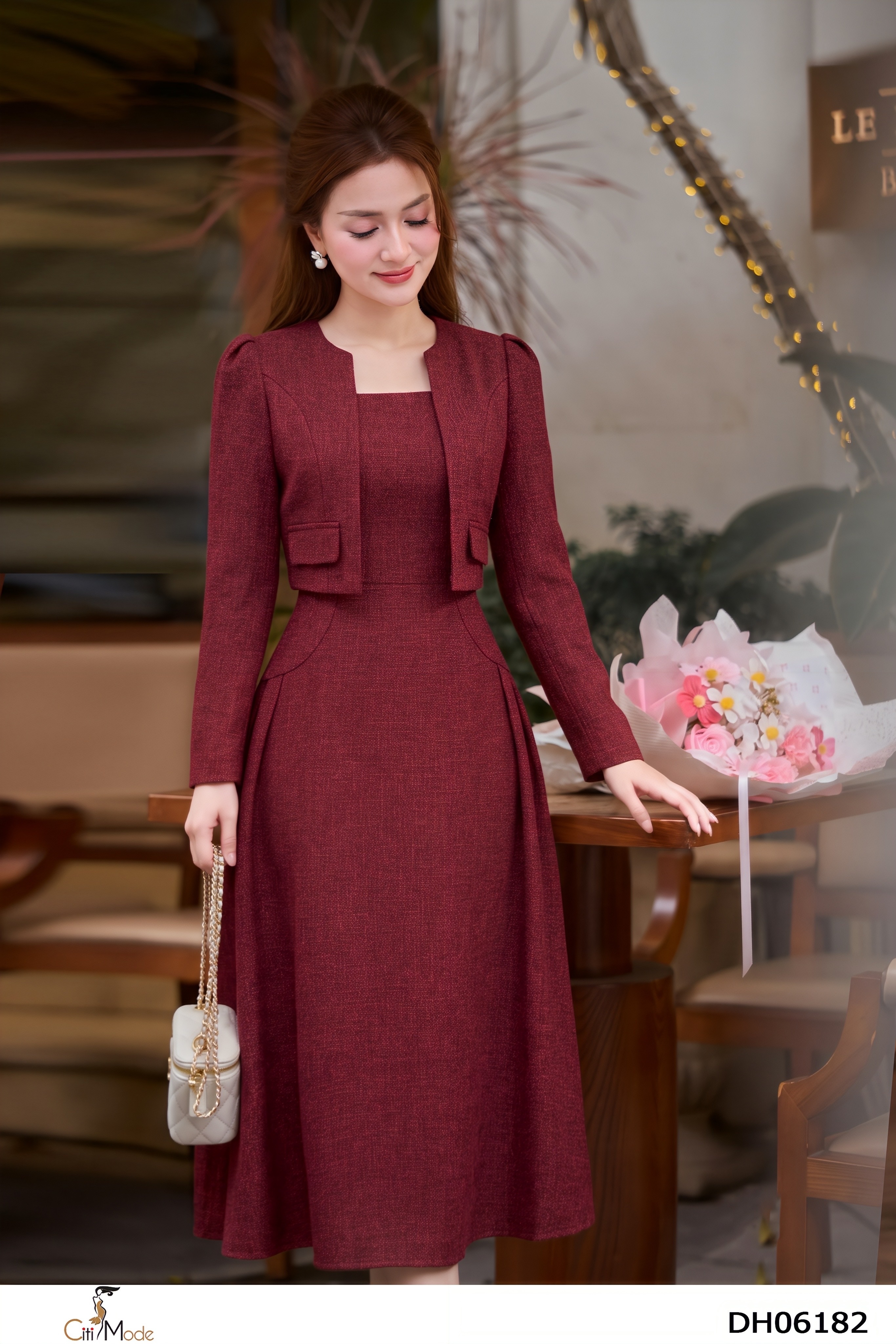 Đầm Xòe dạ đỏ giả sét tay dài