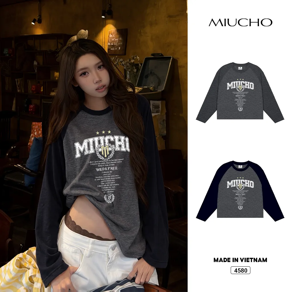 Áo thun dài tay phối màu Miucho phong cách thể thao Mỹ 4580