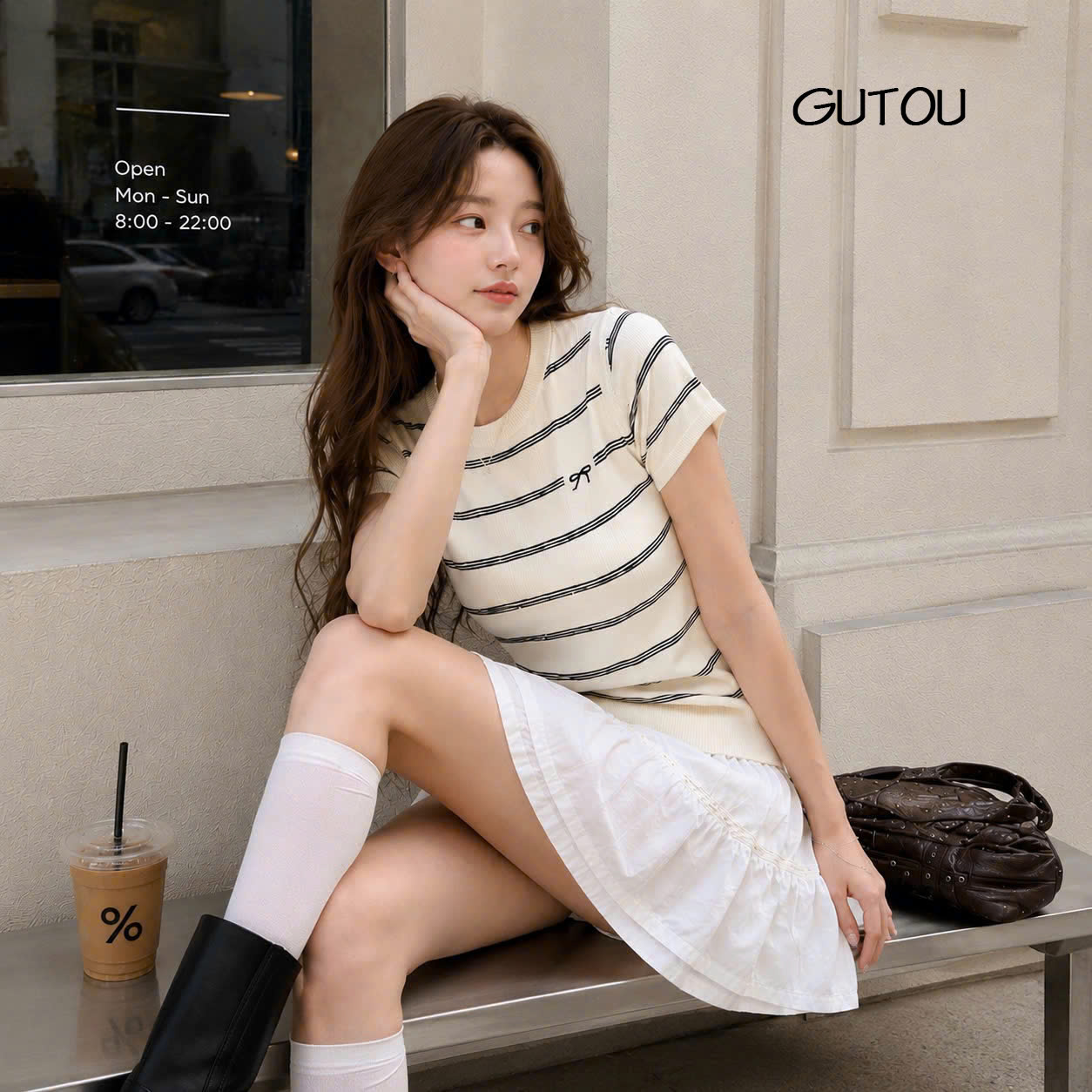 [ GUTOU ] Áo Len Mongtogi Tay Ngắn Sọc Ngang Họa Tiết Nơ Nhỏ