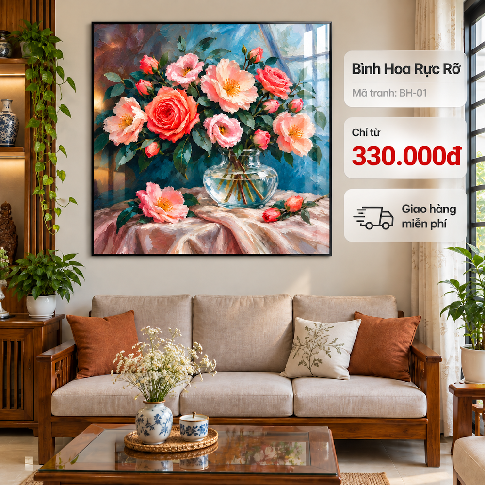 Tranh Bình Hoa Rực Rỡ – mẫu hoa hồng