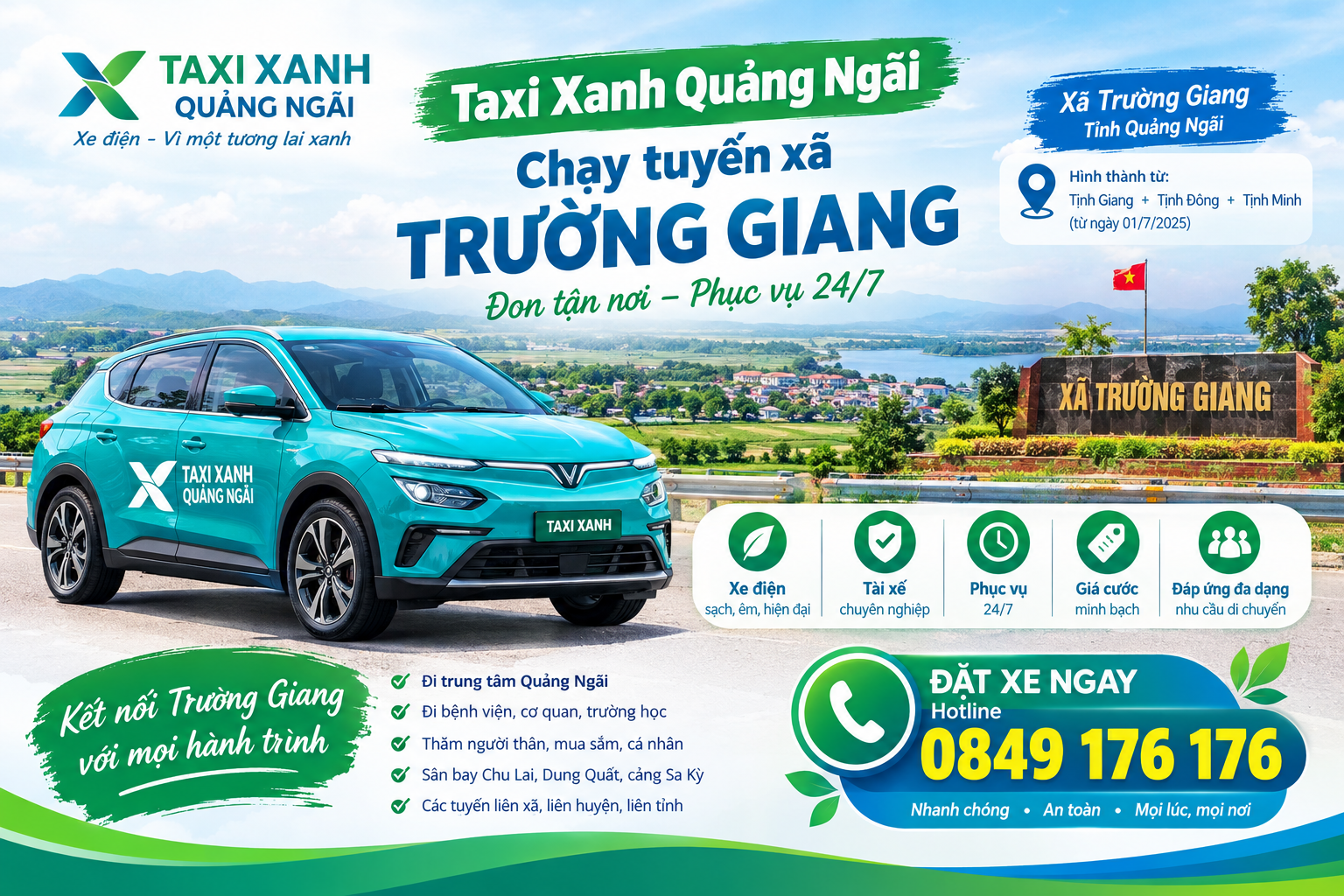 Taxi Xanh Quảng Ngãi Chạy Tuyến Xã Trường Giang 24/7