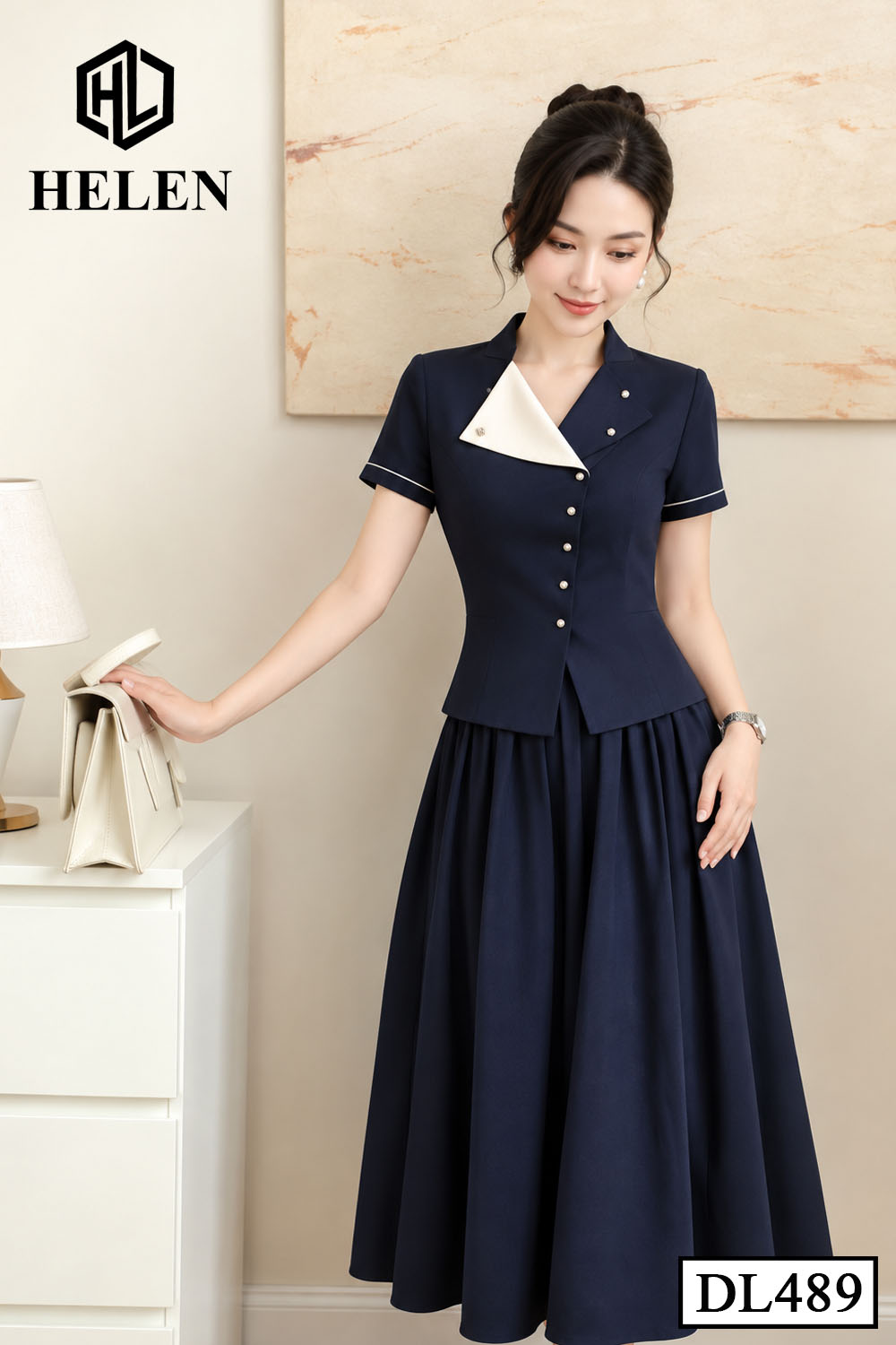 Đầm xòe xanh than liền thân phối cổ trắng DL489