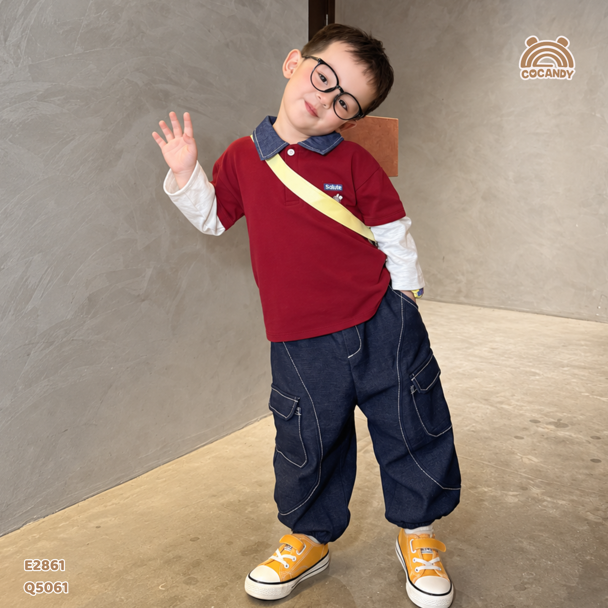 Áo dài polo ĐỎ phối cổ xanh hình cún