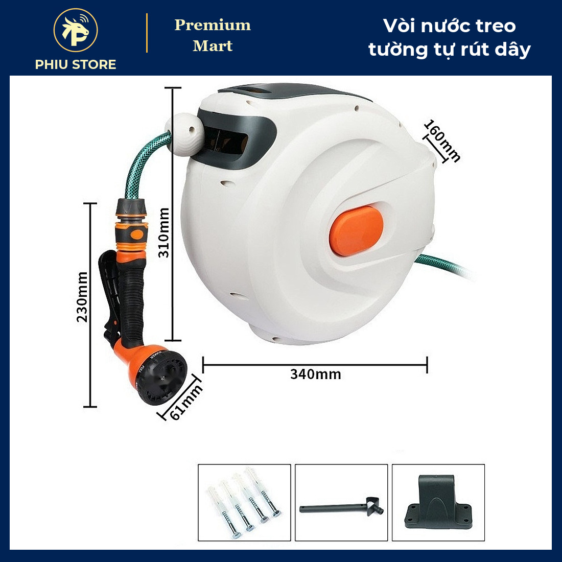 Bộ Vòi Nước Treo Tường Tự Động Rút Dây Ống To 16 mm, Bản 10 m Và 20 m - Tưới Cây, Rửa Xe, Xịt Sân - PHIU STORE_thumbnail_2