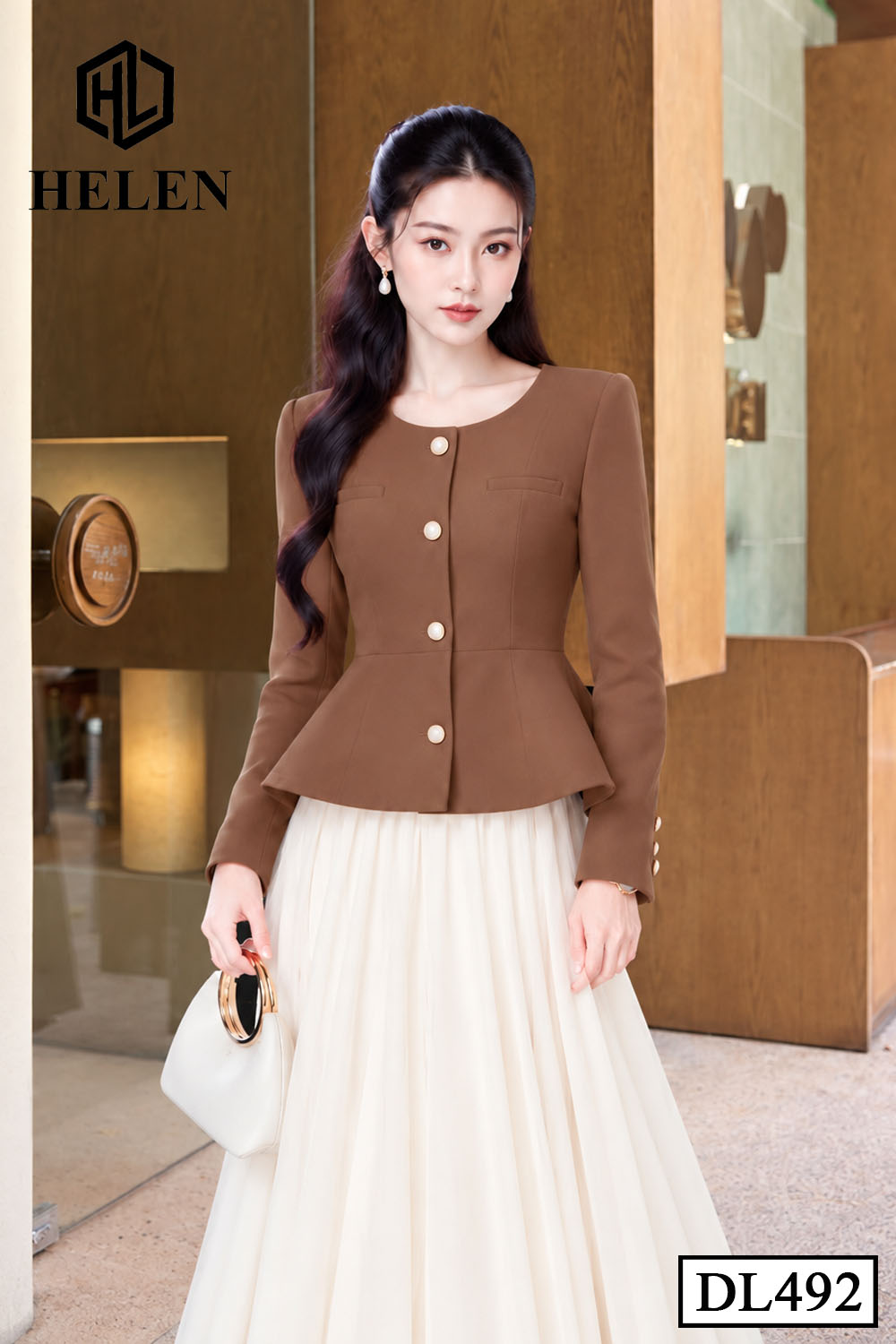 Đầm xòe liền thân nâu phối chân voan  DL492_thumbnail_3