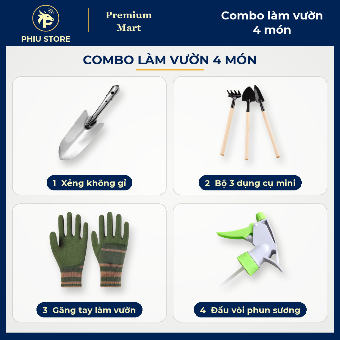 Combo Làm Vườn Ban Công 4 Món: Xẻng Không Gỉ, Bộ 3 Dụng Cụ Mini, Găng Tay Làm Vườn, Đầu Vòi Phun Sương - PHIU STORE