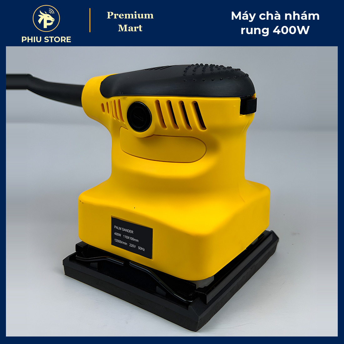 Máy Chà Nhám Rung Cầm Tay 400W Màu Vàng, Mặt Nhám 110 x 100 mm, Tặng 2 Miếng Giấy Nhám - Chà Mịn Gỗ - PHIU STORE