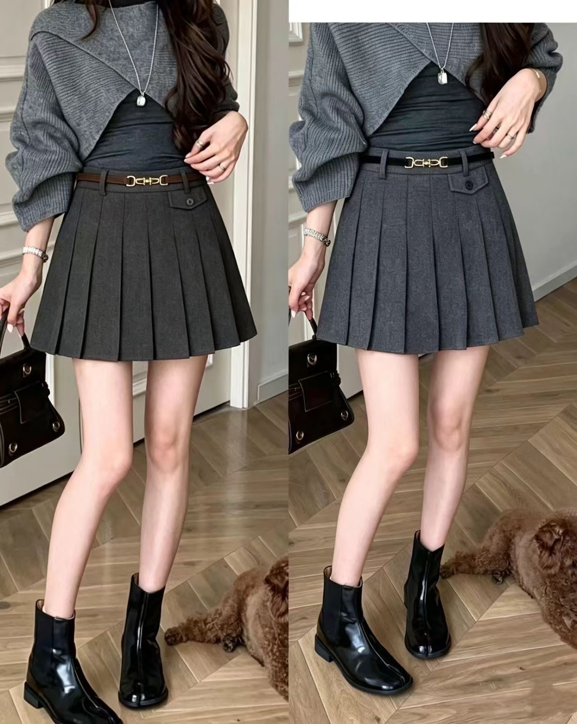 Lucas - Chân váy dạ mềm dáng xòe A xếp ly + nắp túi đính cúc 1 bên + belt da nâu cài_thumbnail_1