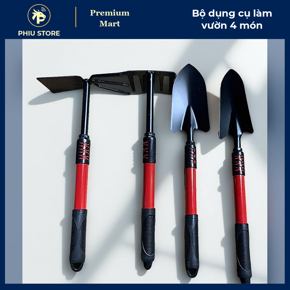 Bộ 4 Dụng Cụ Làm Vườn Gồm 2 Xẻng, Cuốc, Cào Tay Cầm Chống Trơn Dài 41–46,5 Cm - Trồng Cây Chậu, Ban Công - PHIU STORE_thumbnail_1