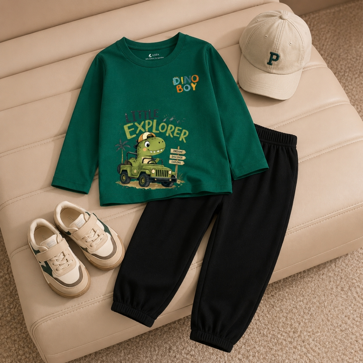 Set bộ Thu - Đông chất liệu cotton bé trai hình Khủng long lái xe - Loza Kids BW743