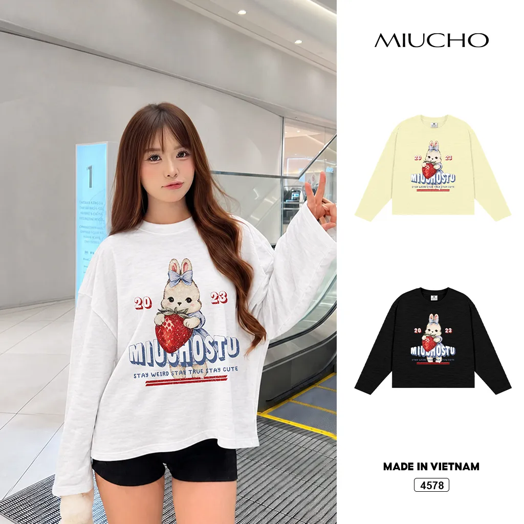 Áo thun nữ boxy tay dài cotton xước thỏ dâu đỏ Miucho 4578