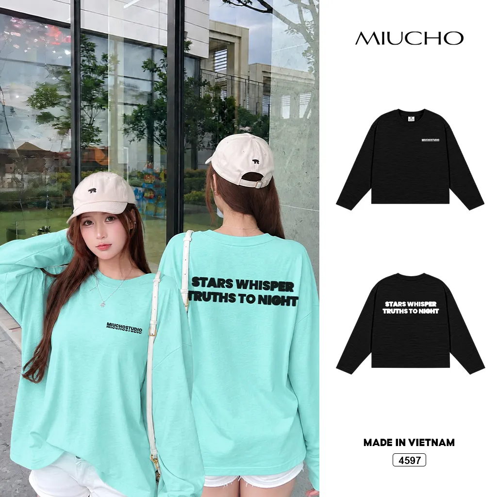 Áo thun nữ boxy tay dài cotton xước Miucho phong cách tối giản Hàn Quốc 4597