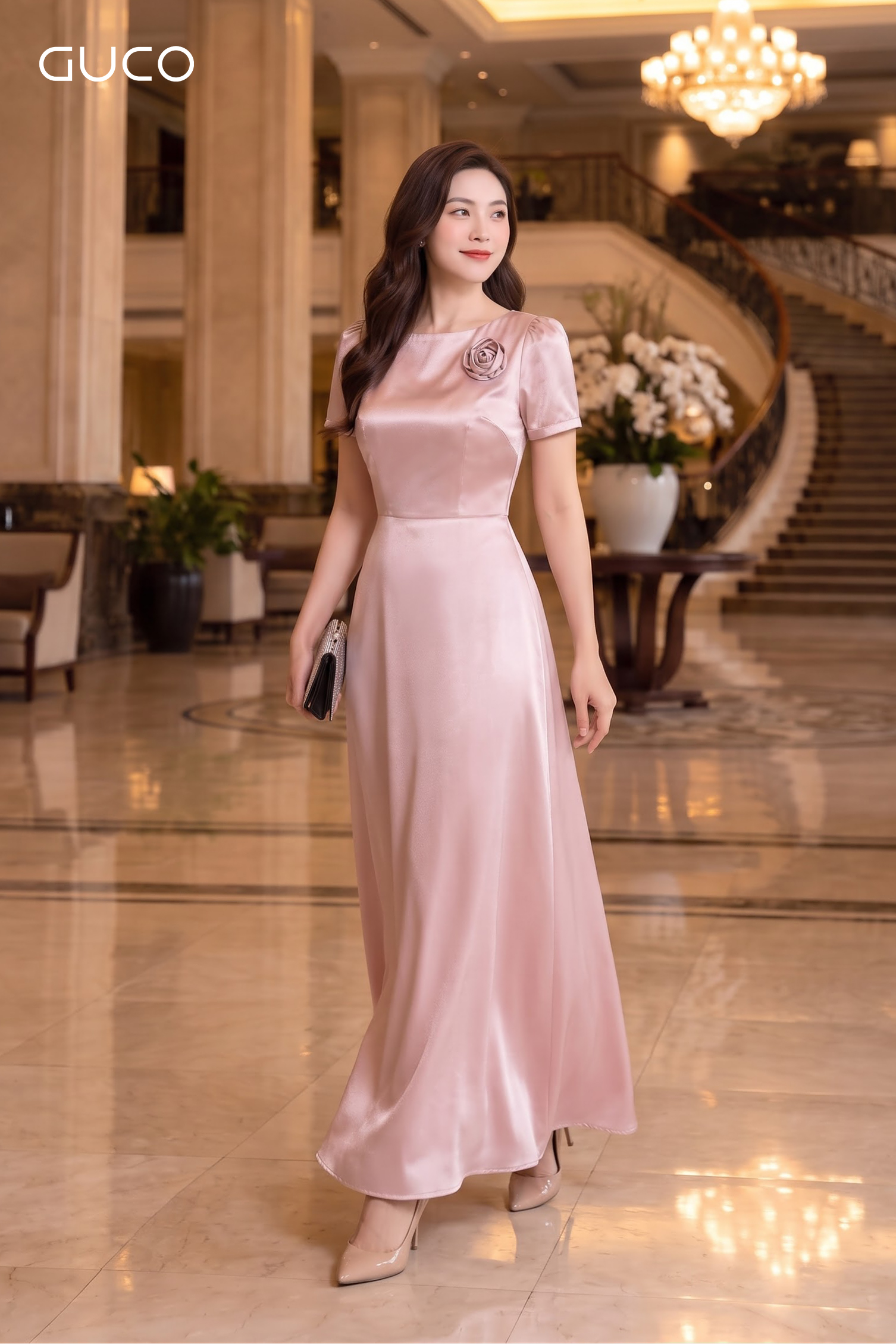 Đầm Dự Tiệc Lụa Hồng Nude Cổ Thuyền Đính Hoa - 5264_thumbnail_1
