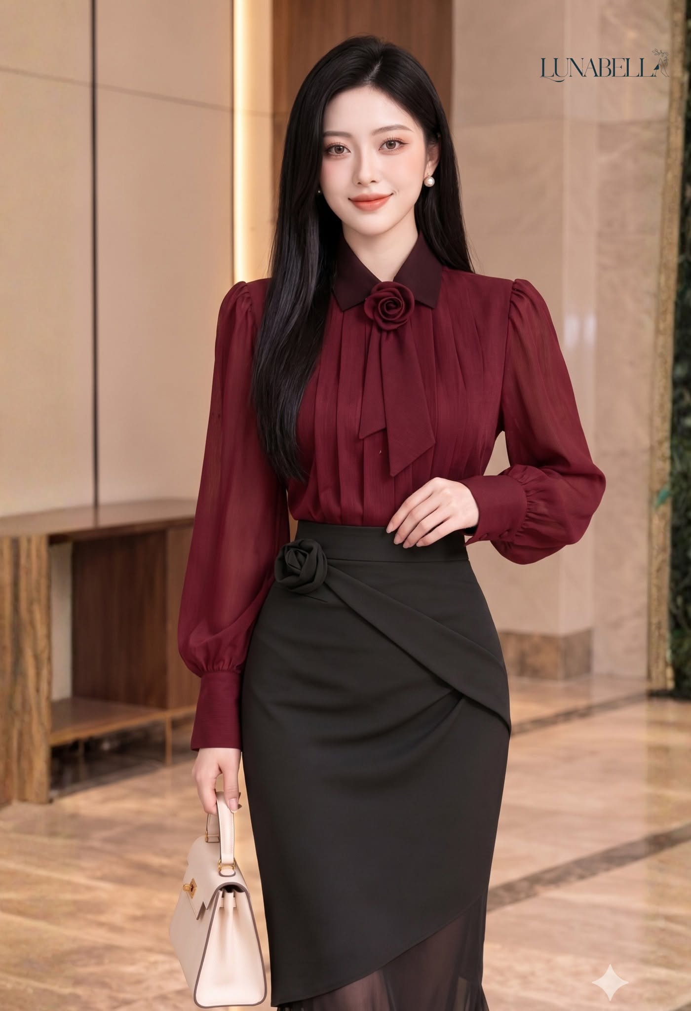 Áo sơ mi tay bông hoa cài cổ ROSALIA màu ĐỎ_thumbnail_1
