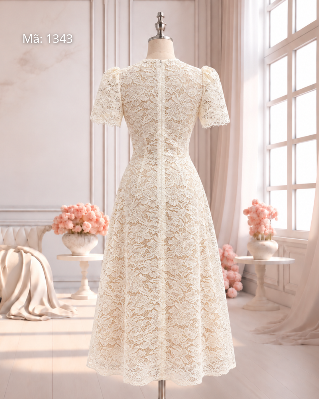Đầm Xoè Ren Cổ V Hoạ Tiết Hoa