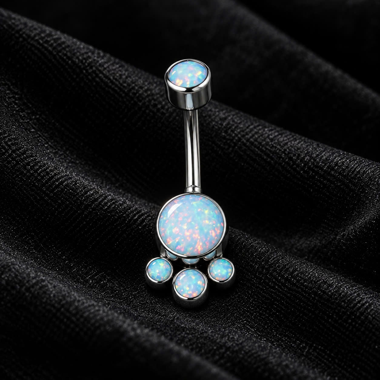 rốn titan đá opal hồng xanh sữa đính ba đá tròn