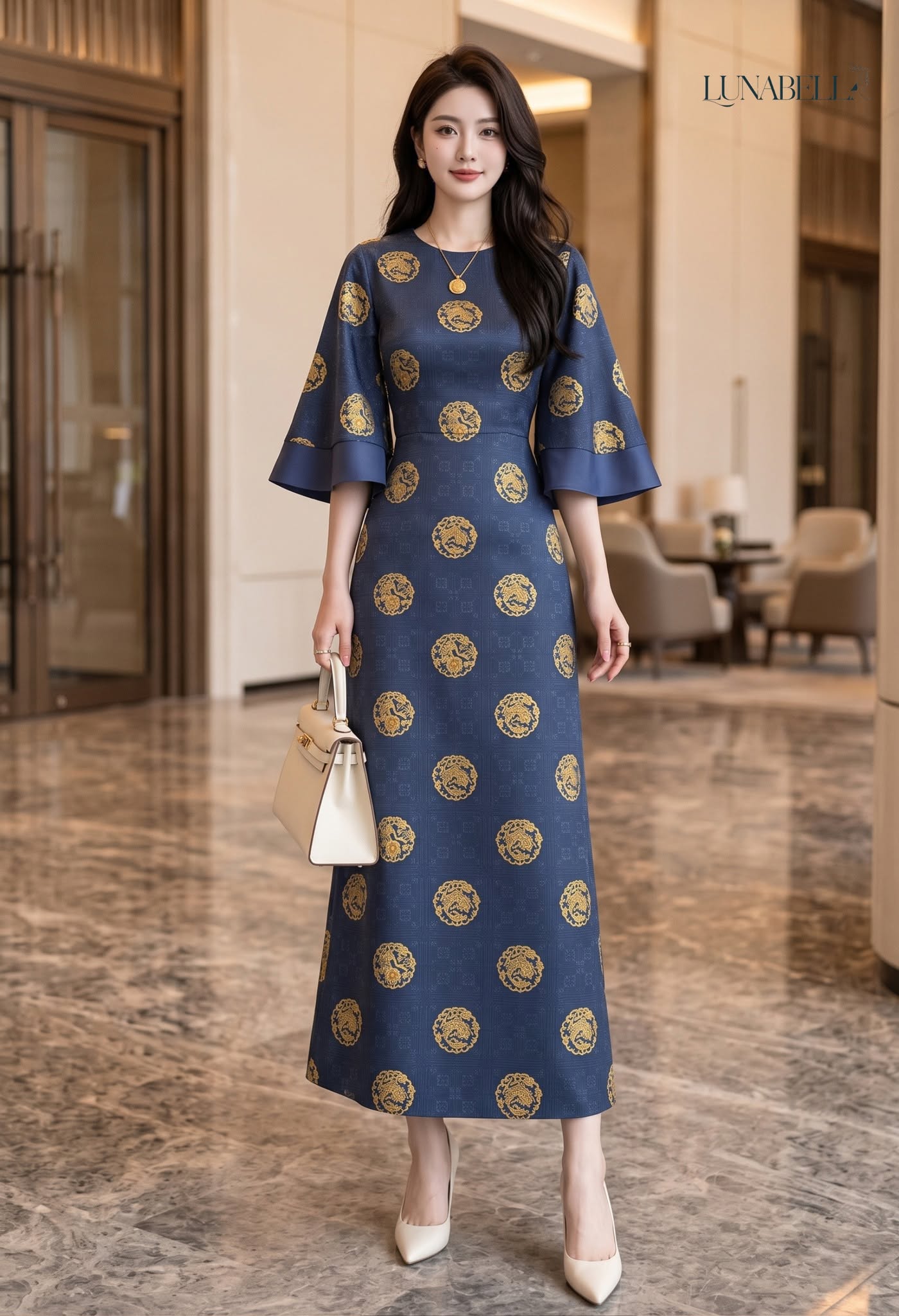 Váy dài cổ tròn tay loe RELIA màu XANH NAVY