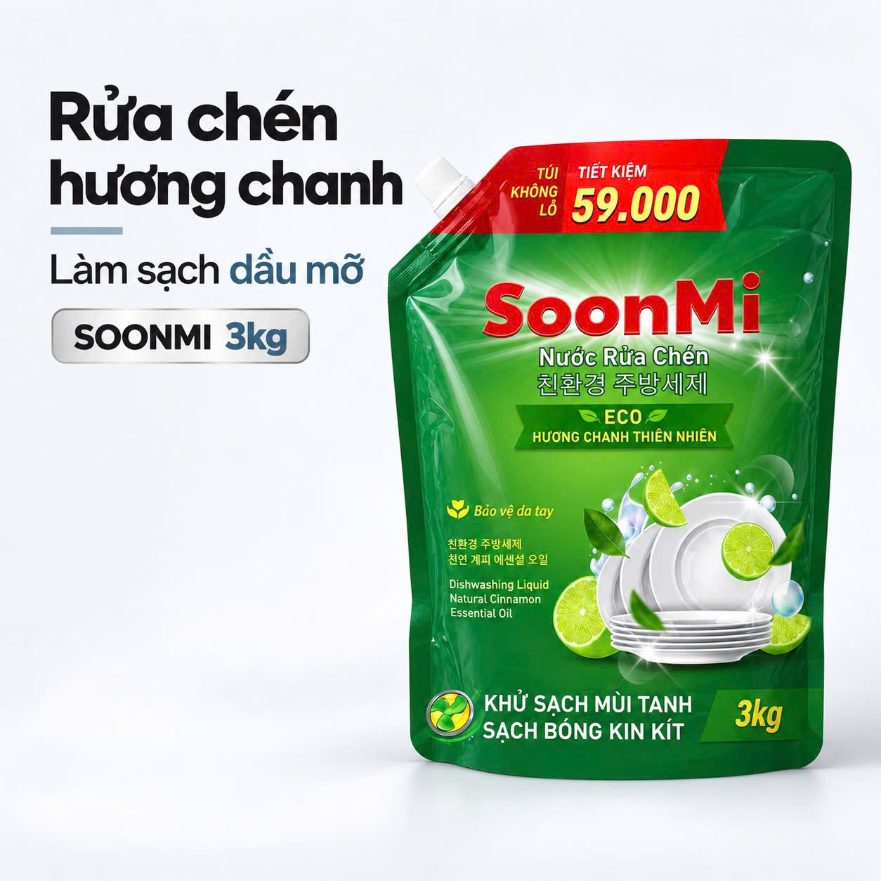 Nước Rửa Chén Soonmi Hương Chanh 3kg – Túi Lớn Tiết Kiệm