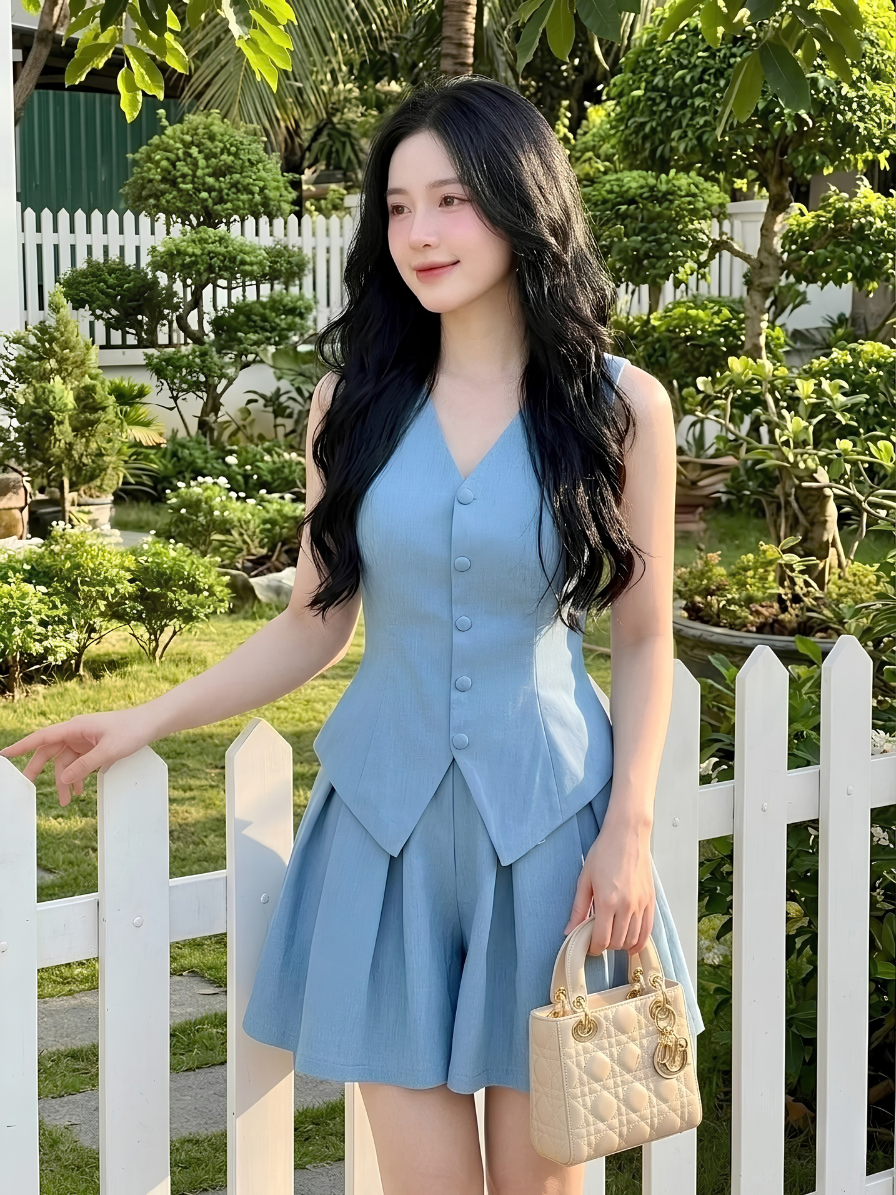 M44 - Set Bộ Áo Gile & Quần Short Xếp Ly