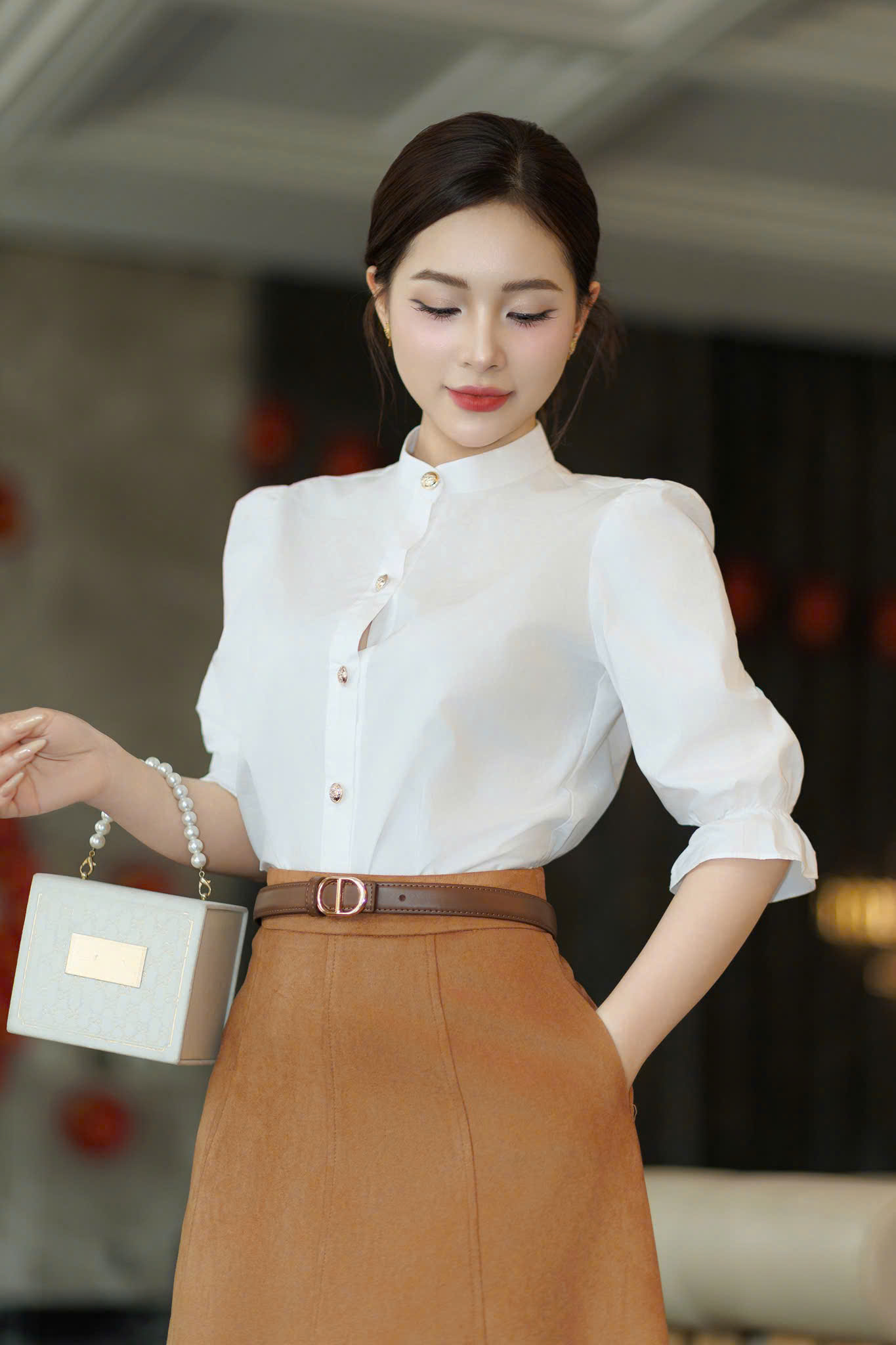 Set áo sơ mi chân váy xoè SYLVERA màu TRẮNG NÂU