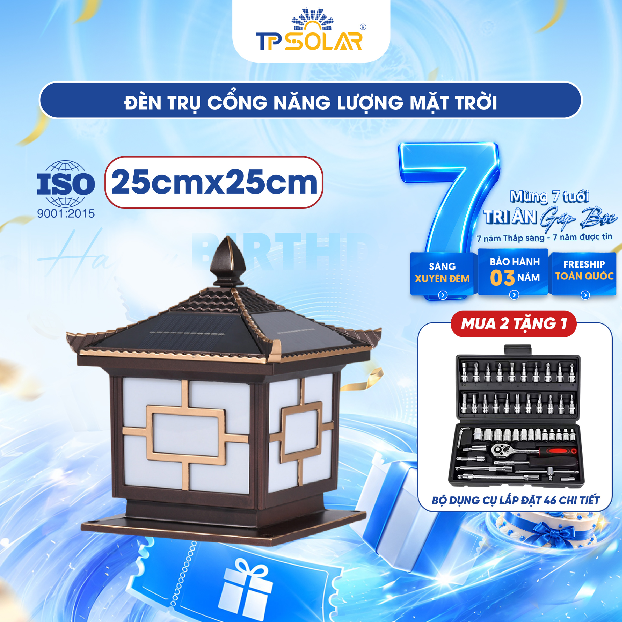 Đèn trụ cổng mái ngói năng lượng mặt trời TP SOLAR TC01