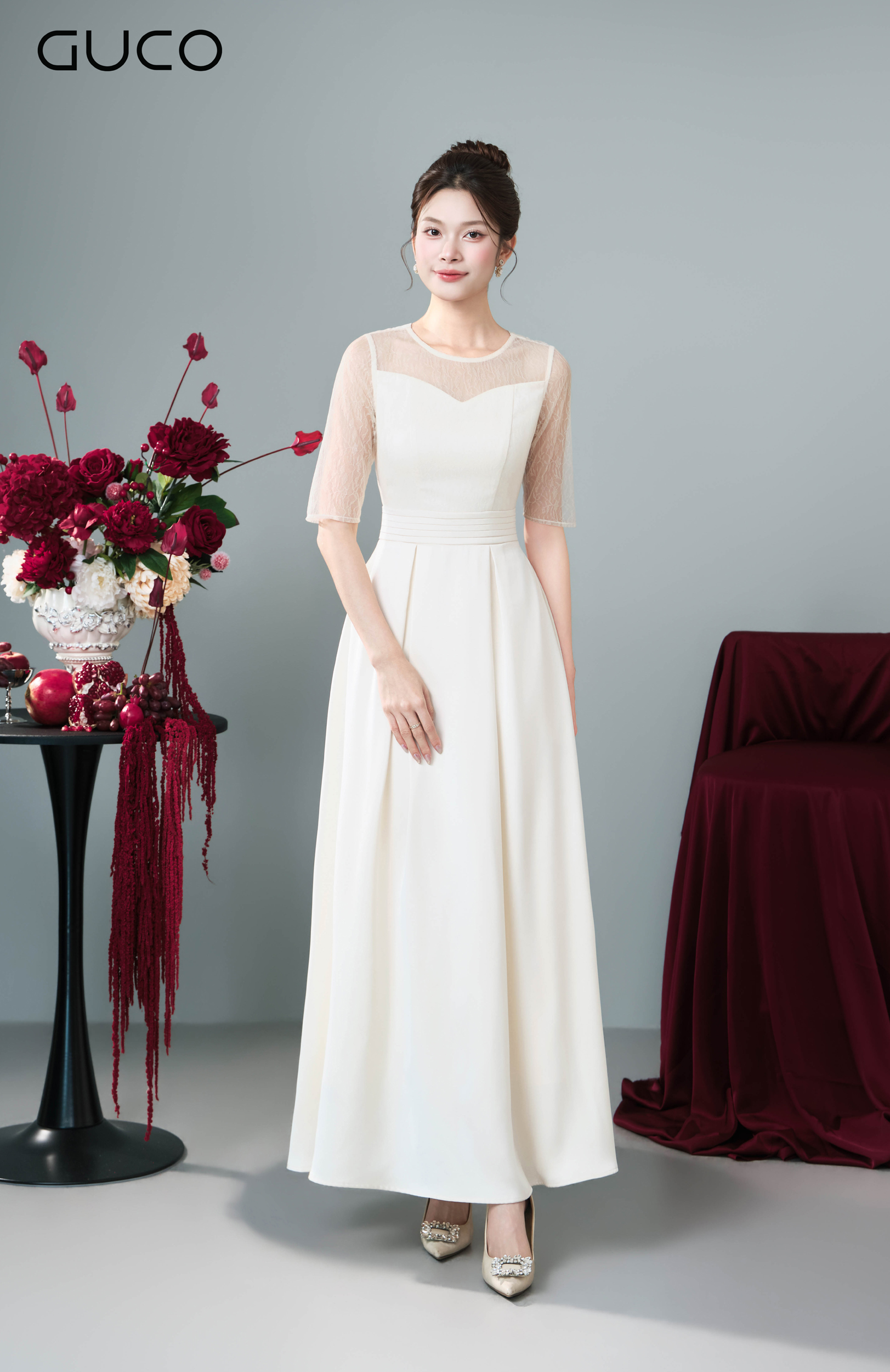 Đầm Midi Trắng Kem Tay Lỡ Phối Voan - 5278