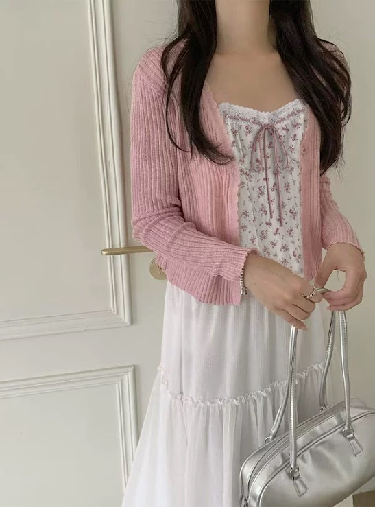 Lucas - Set áo thô hoa nhí cúp ngực viền ren buộc dây nơ + áo cardigan cài cúc_thumbnail_1