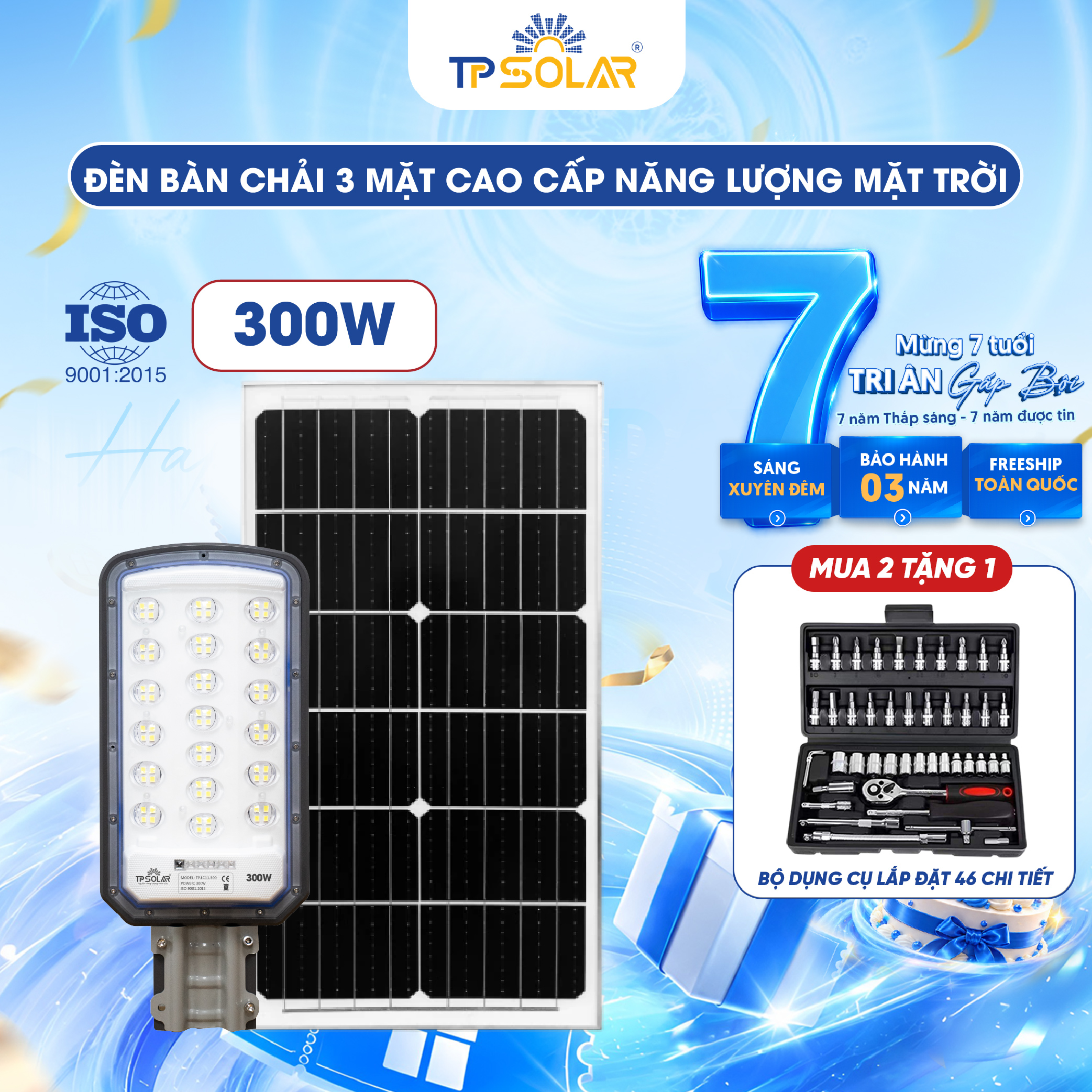 Đèn bàn chải mắt cầu lồi tỏa 3 mặt năng lượng mặt trời TP SOLAR BC11