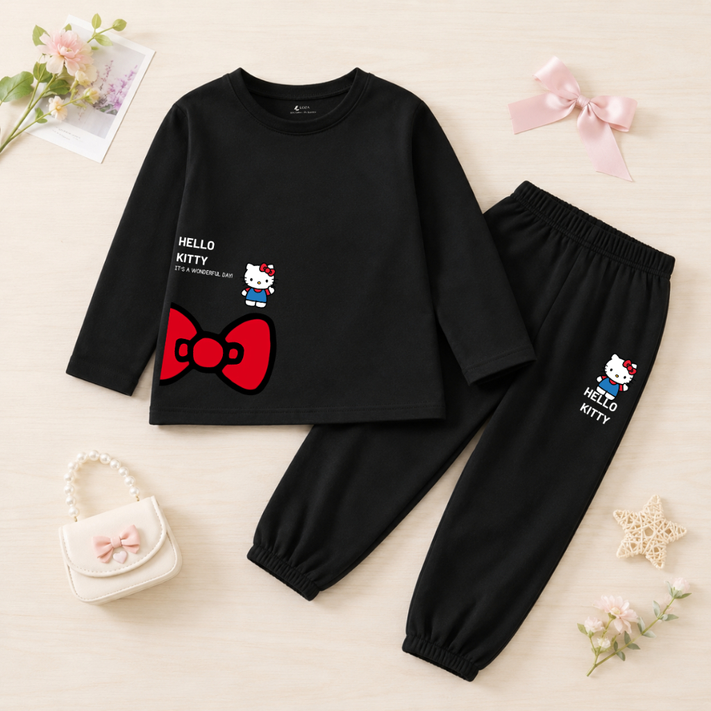 Set bộ Thu - Đông chất liệu cotton cho  bé gái  in hình nơ Mèo Hello Kitty - Loza Kids BW715_thumbnail_2