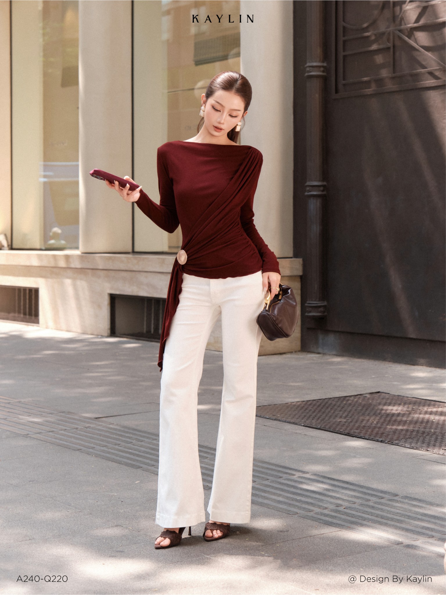 Áo Thun Tay Dài Nhún Đắp Tà Bất Đối Xứng KAYLIN Lyra Top