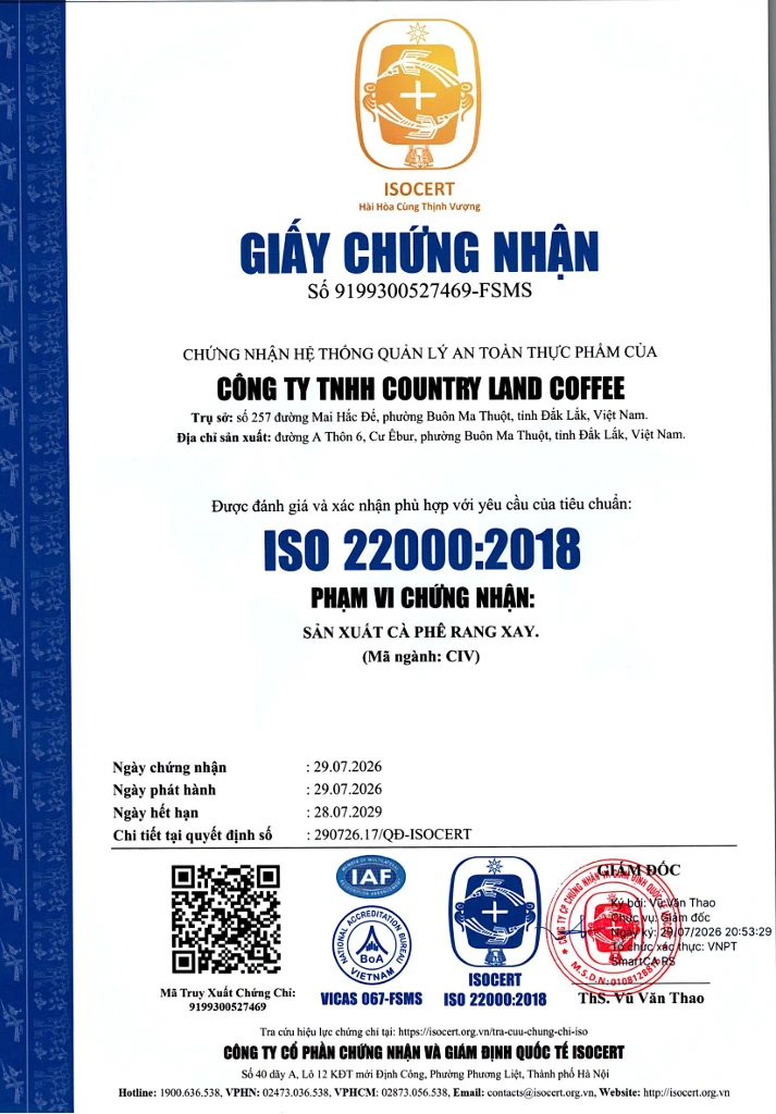 Giấy chứng nhận ISO 22000:2018 hệ thống quản lý an toàn thực phẩm, ISOCERT cấp, hiệu lực đến 28/07/2029