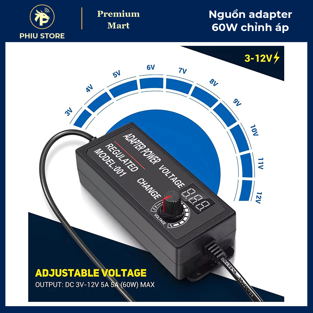 Bộ Nguồn Adapter 60W 5A Chỉnh Điện Áp 3–12V Có Màn Hình LED - Chạy Động Cơ Mini, Dải Đèn LED, Router - PHIU STORE_thumbnail_2