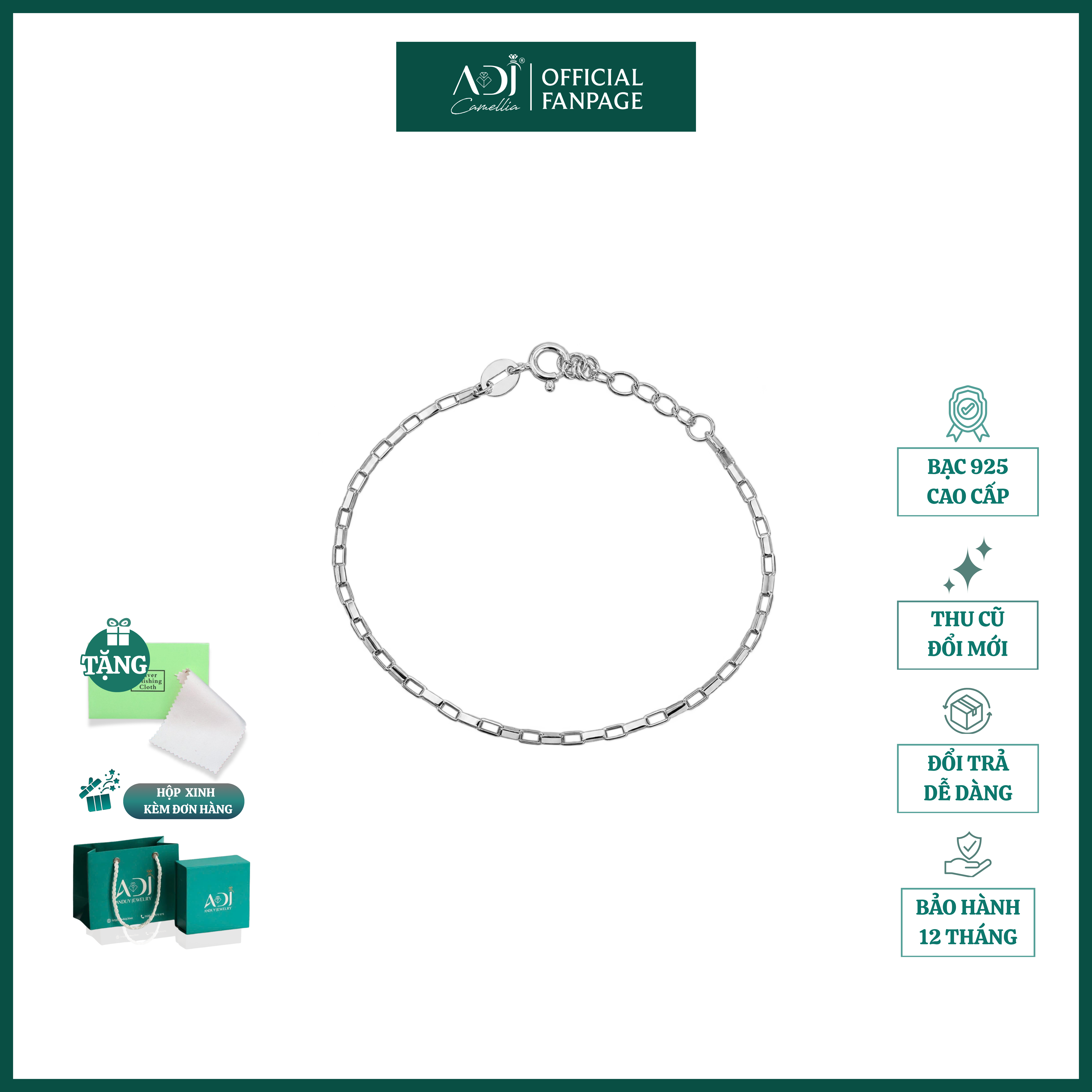 Lắc tay Bạc 925 Cao Cấp Nữ ADJ – Lắc tay cong vuông trơn