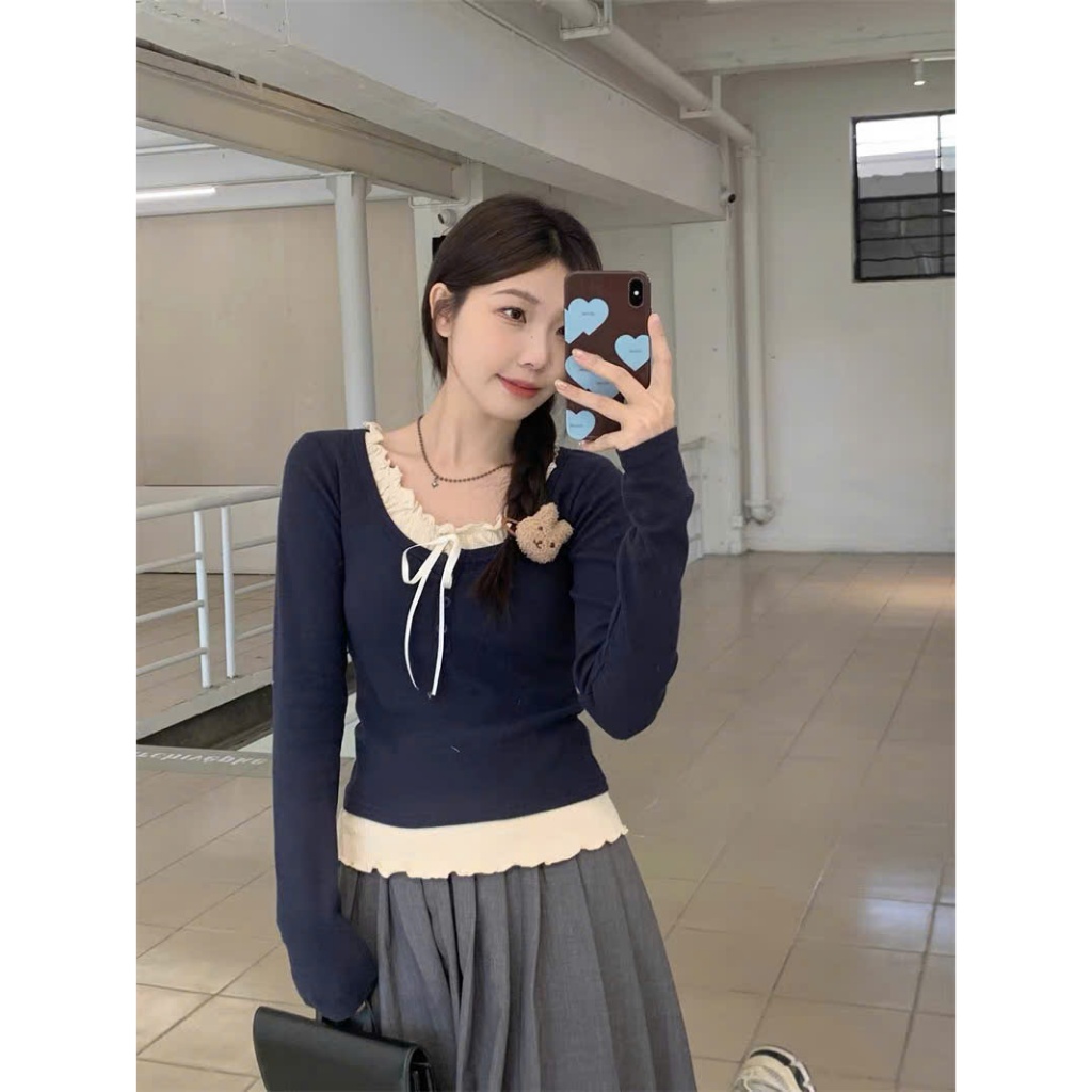 Áo thun tay dài phối dây bèo nơ - ATDBN01