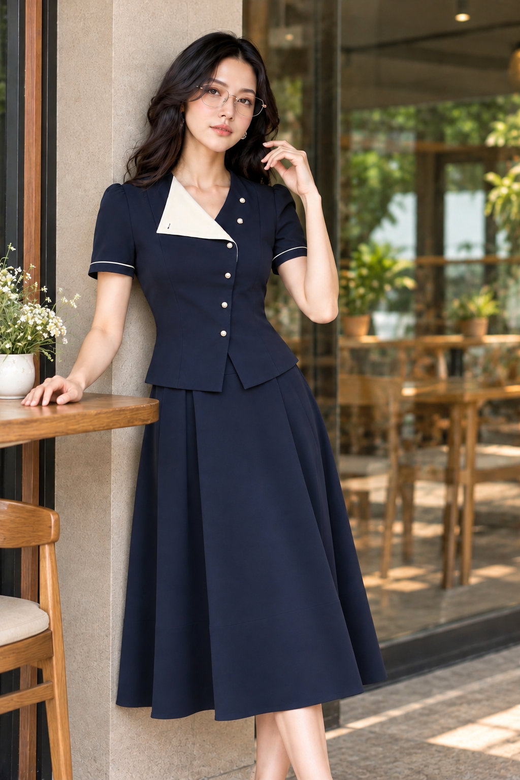 Đầm xòe xanh than liền thân phối cổ trắng DL489