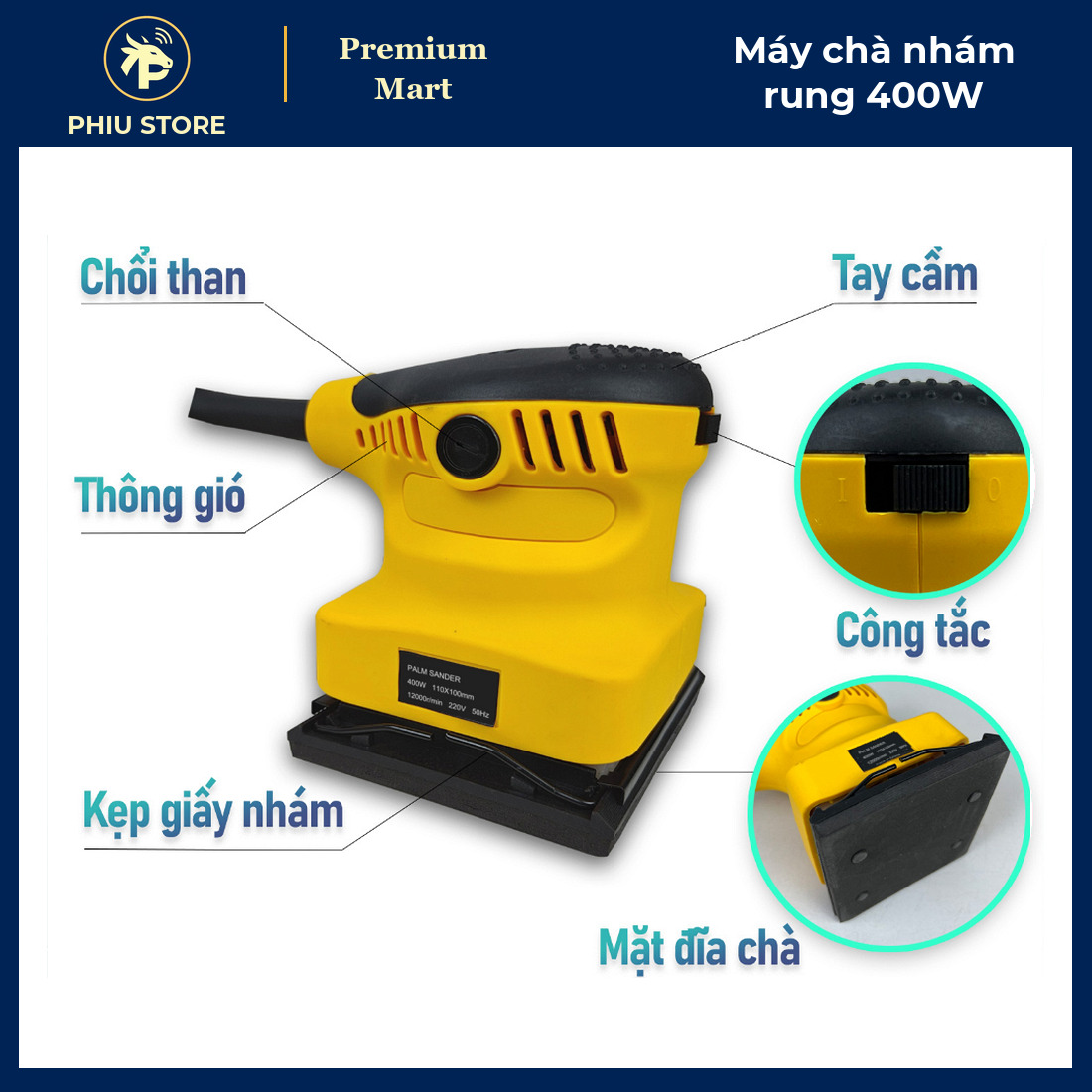 Máy Chà Nhám Rung Cầm Tay 400W Màu Vàng, Mặt Nhám 110 x 100 mm, Tặng 2 Miếng Giấy Nhám - Chà Mịn Gỗ - PHIU STORE_thumbnail_2