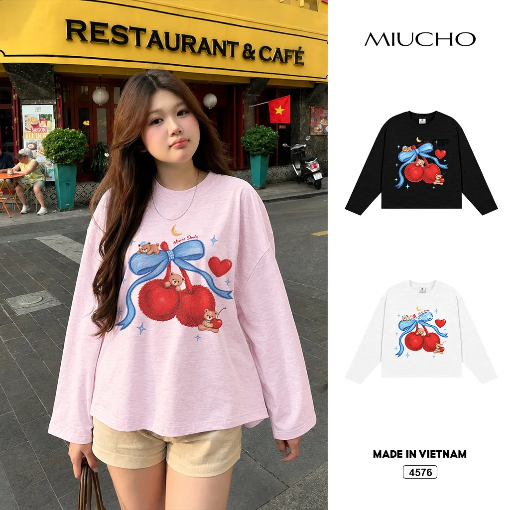 Áo thun nữ boxy tay dài chất cotton xước Teddy Táo đỏ Miucho 4576