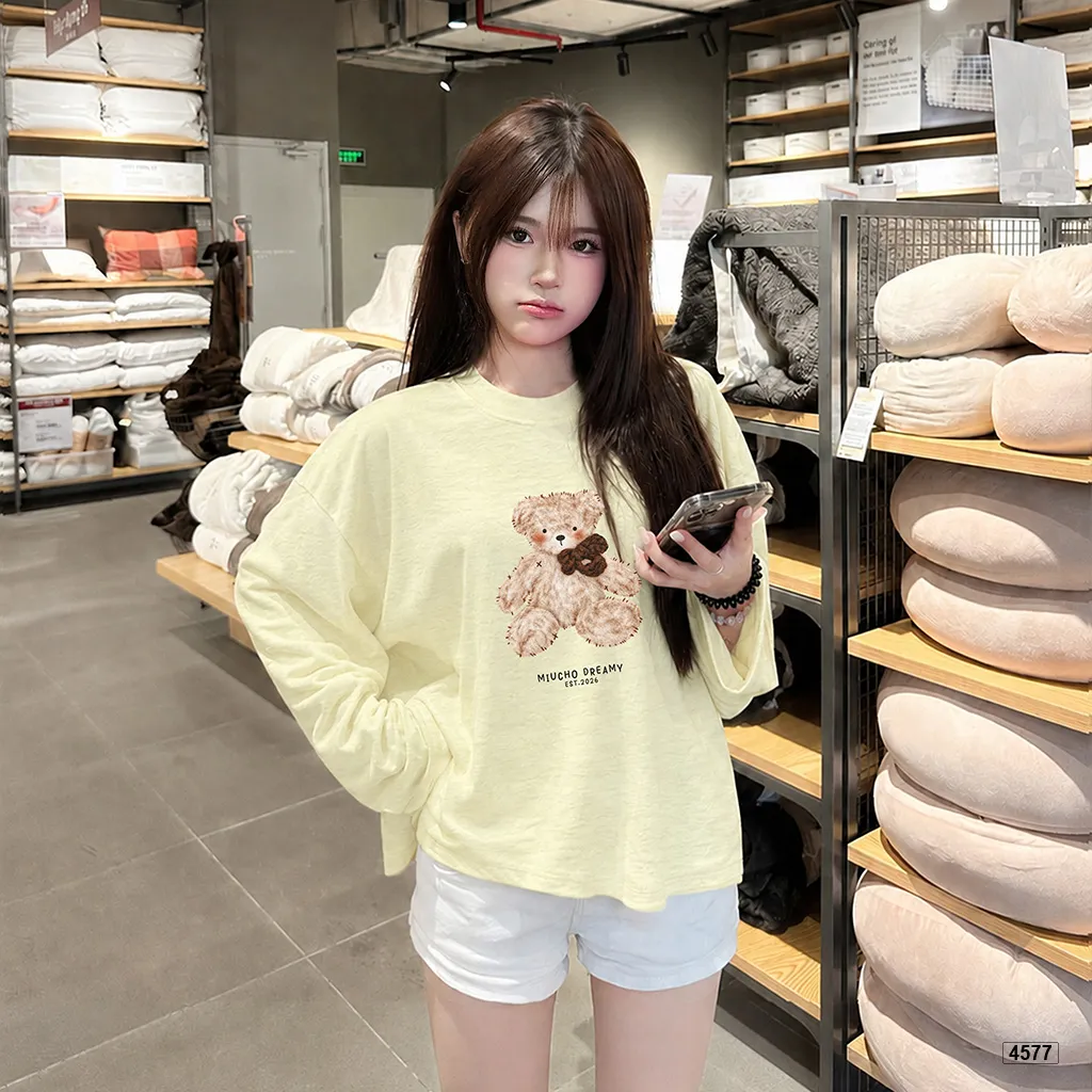 Áo thun nữ boxy tay dài Gấu Teddy dễ thương Miucho cotton xước 4577_thumbnail_4