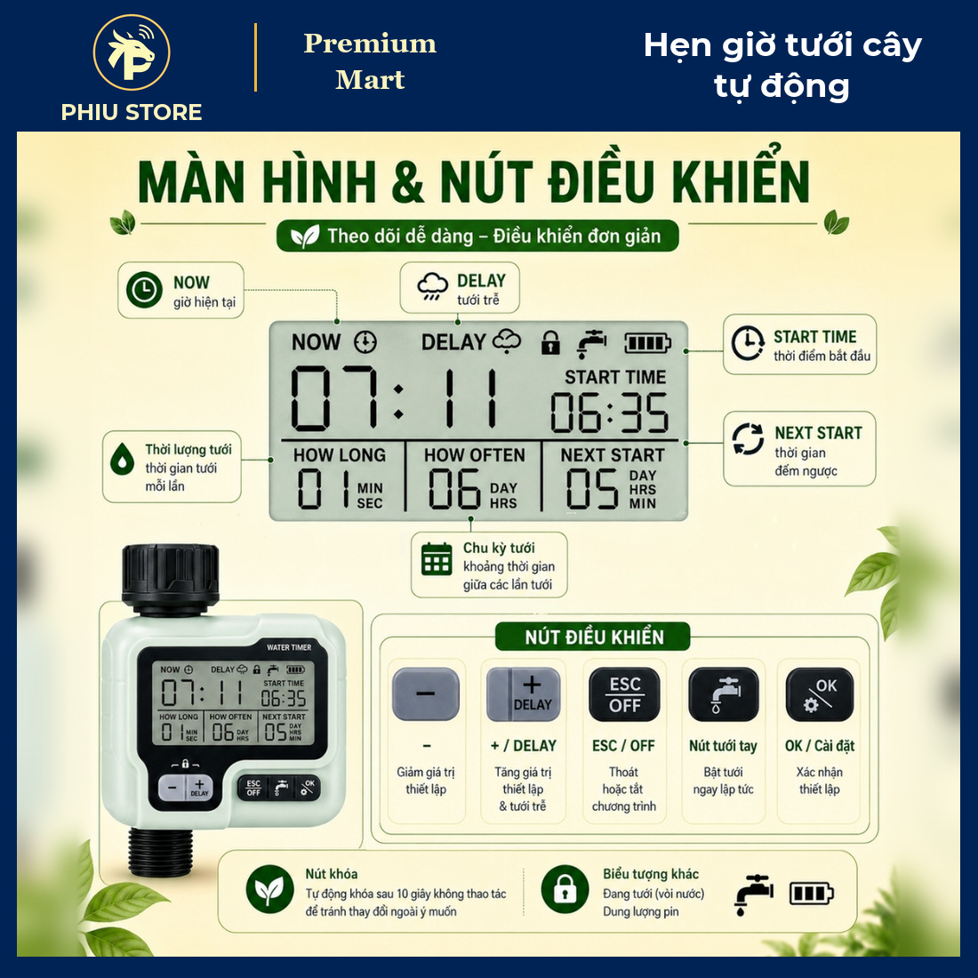 Máy Hẹn Giờ Tưới Cây Tự Động Màn Hình LCD IPX5 Gắn Vòi Nước, Dùng Cho Tưới Nhỏ Giọt, Phun Sương - PHIU STORE_thumbnail_6
