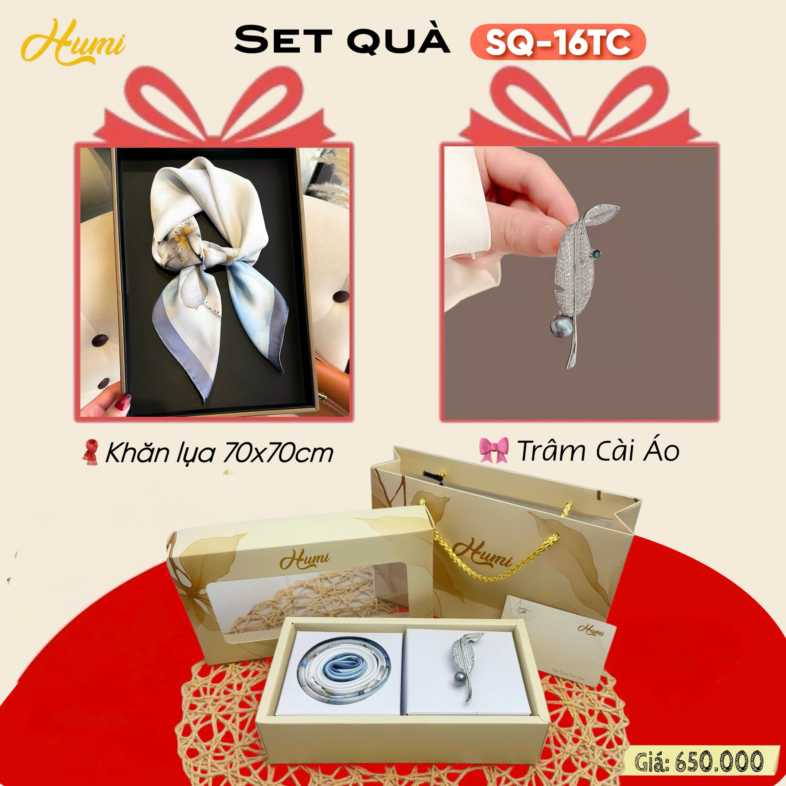 BỘ QUÀ TẶNG KHĂN LỤA VUÔNG 70x70CM + TRÂM CÀI (SQ-16TC)