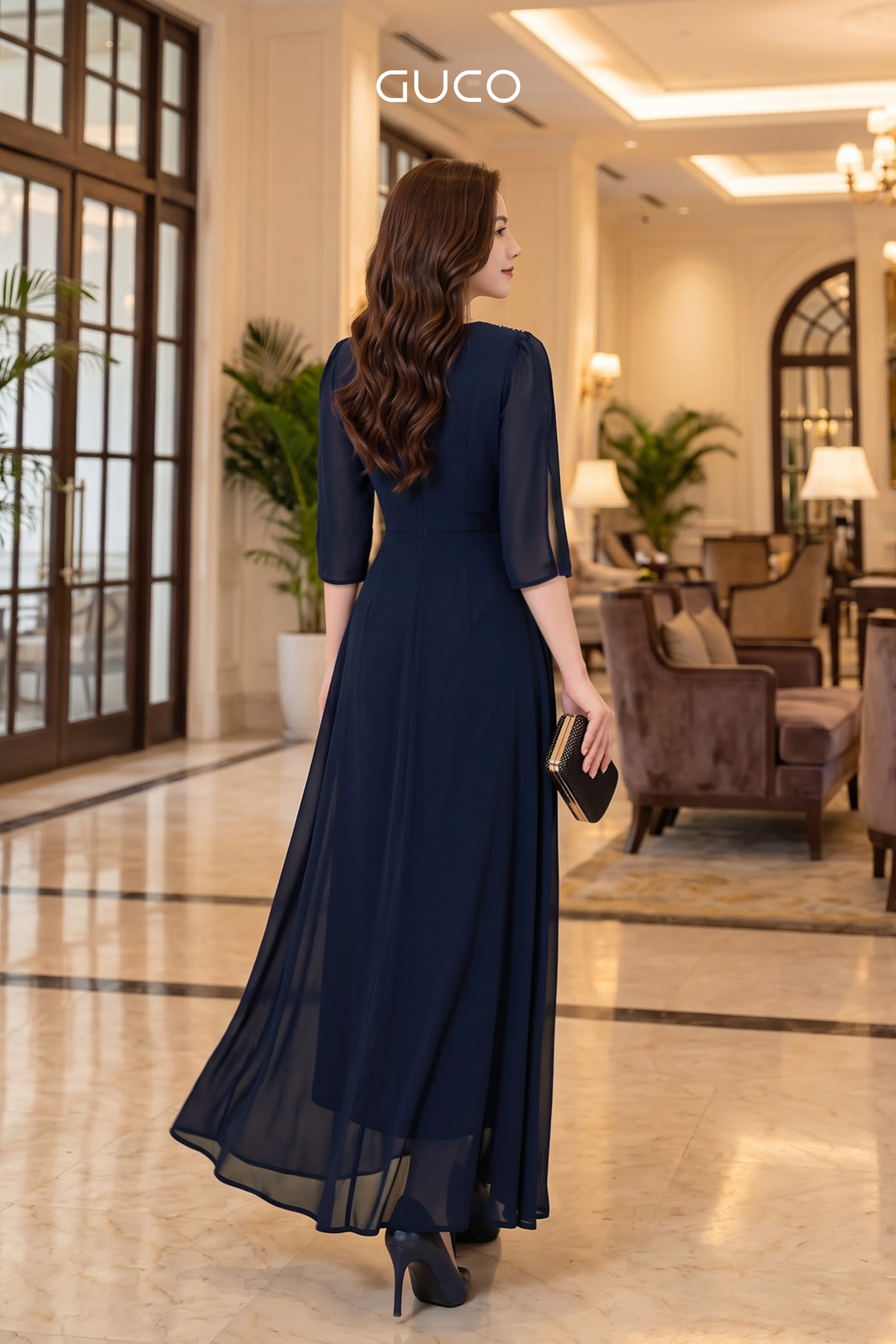 Đầm Dạ Hội Xanh Navy Tay Lỡ Đính Đá - 5276_thumbnail_2