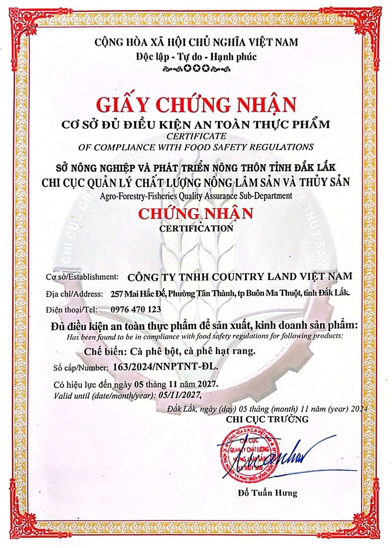 Giấy chứng nhận cơ sở đủ điều kiện an toàn thực phẩm, Sở NN&PTNT Đắk Lắk cấp, hiệu lực đến 05/11/2027