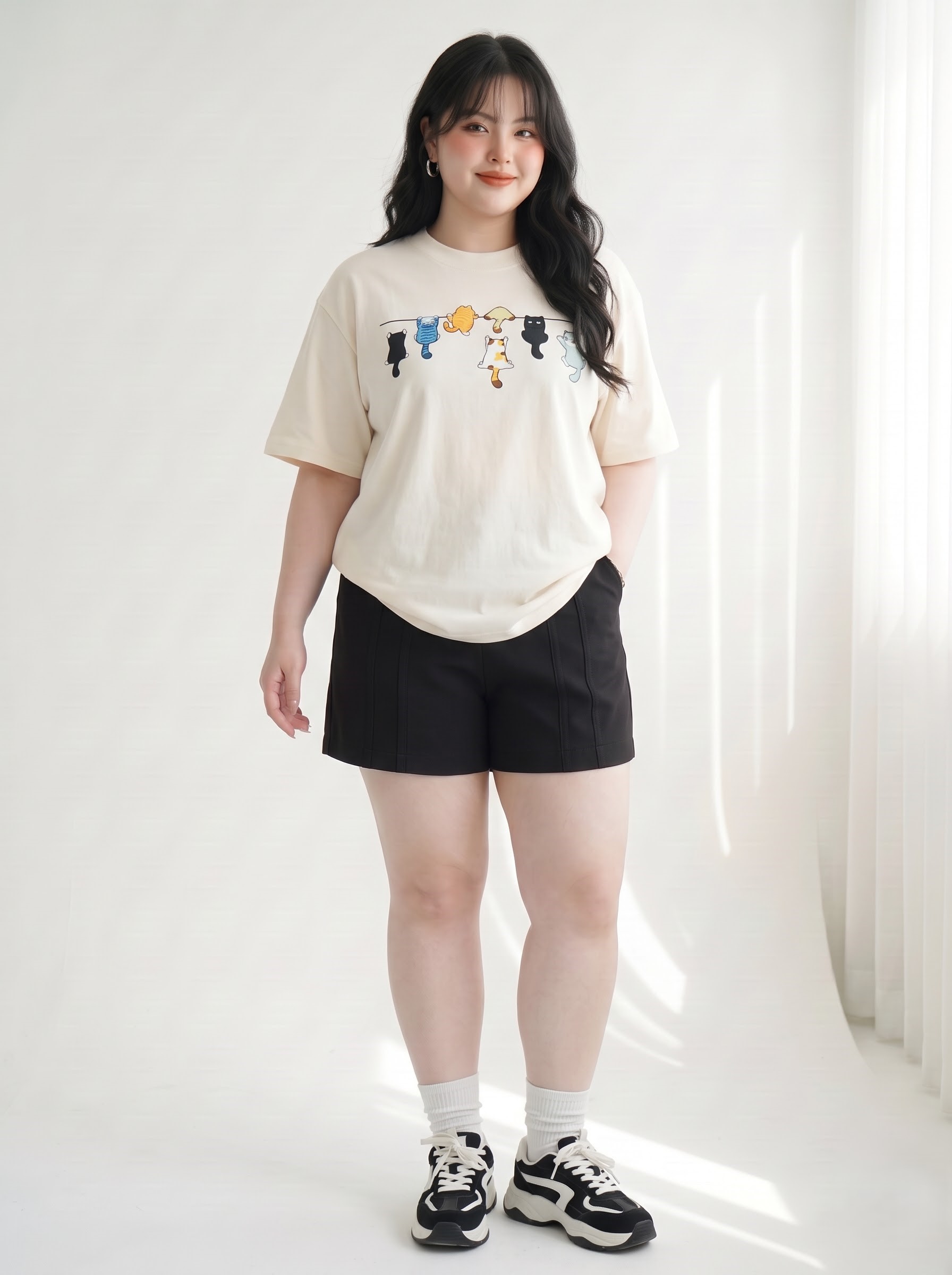V-AK102-1 Plus-Size Oversized Cat-Print Cotton T-Shirt - Cream/Pink/Red
