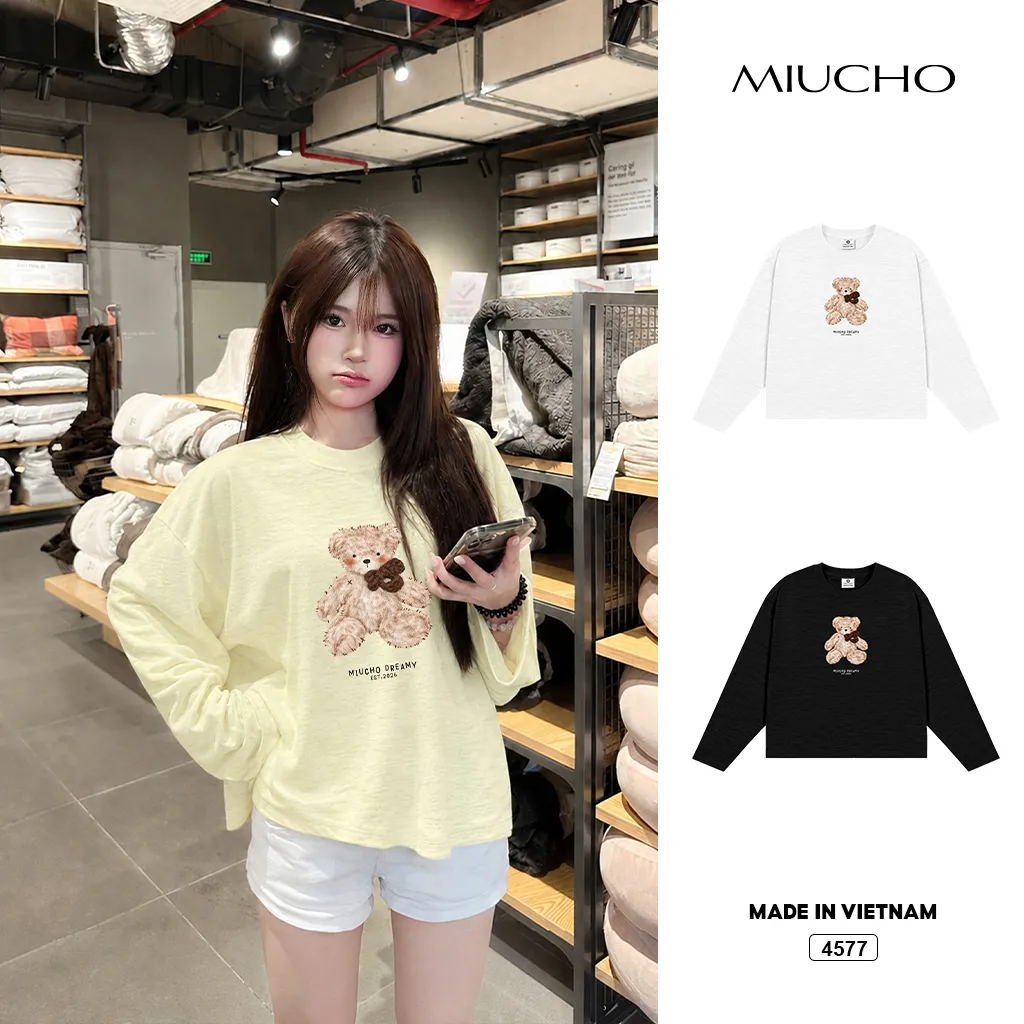 Áo thun nữ boxy tay dài Gấu Teddy dễ thương Miucho cotton xước 4577_thumbnail_1
