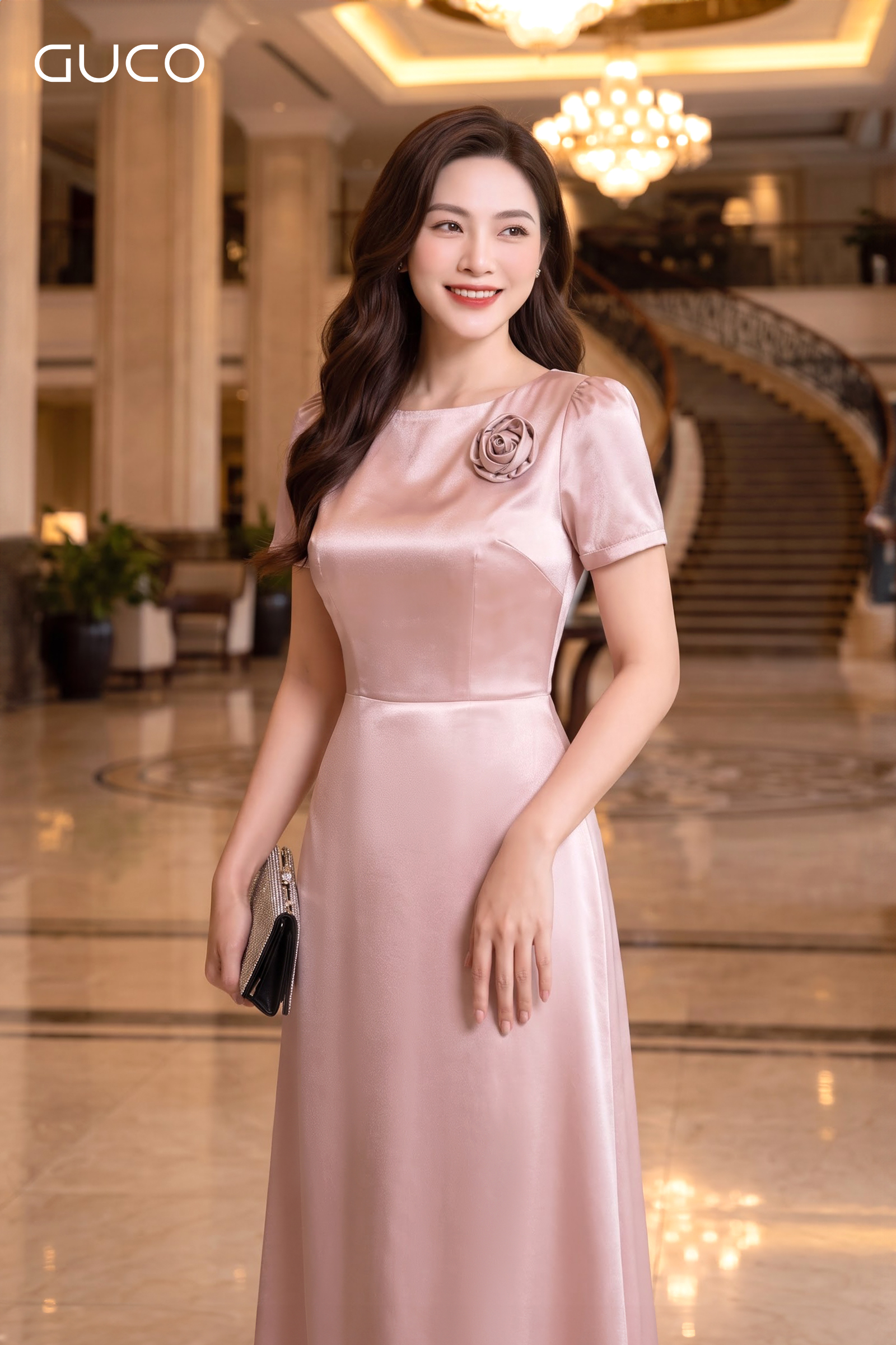 Đầm Dự Tiệc Lụa Hồng Nude Cổ Thuyền Đính Hoa - 5264_thumbnail_2