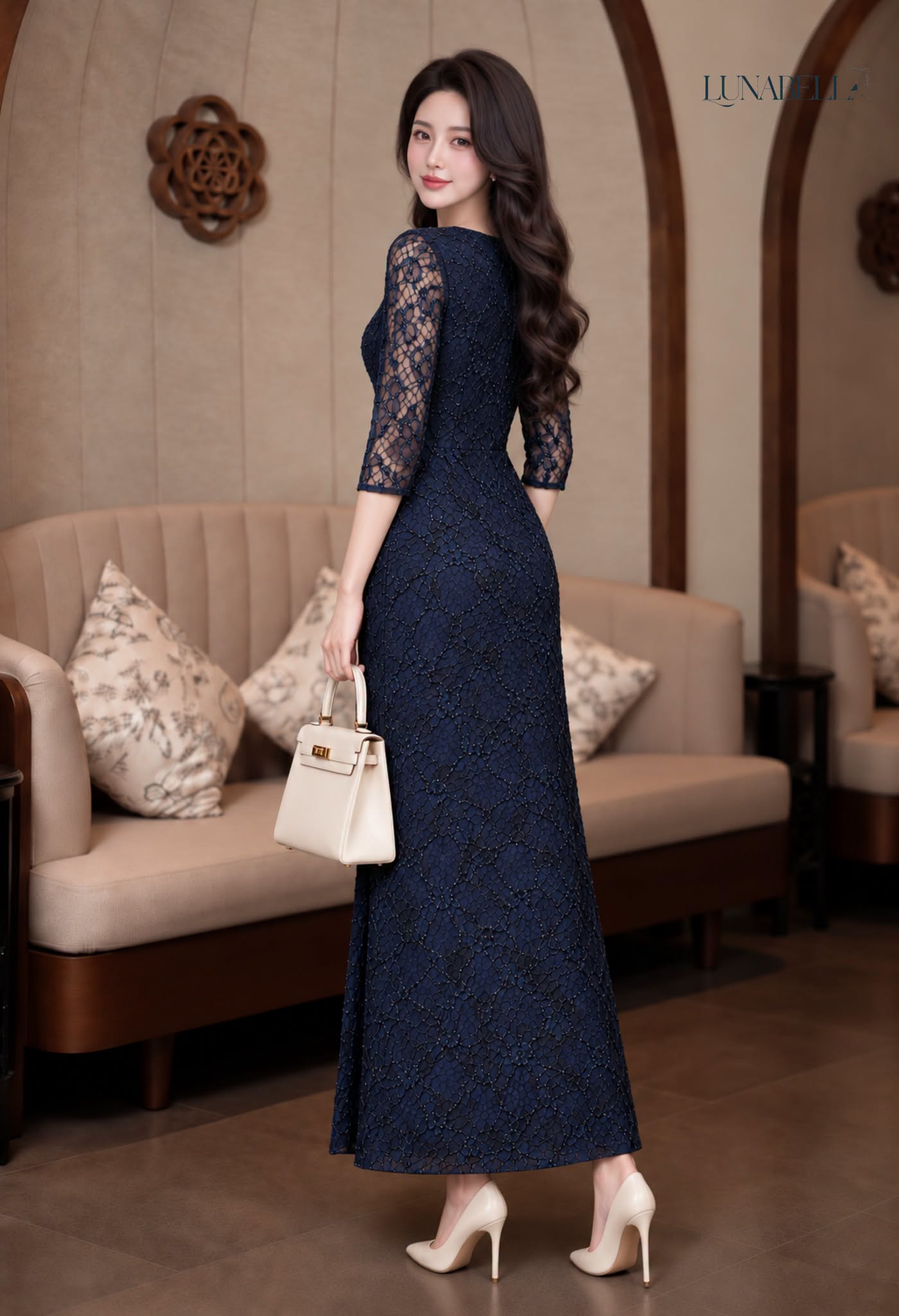 Váy ren dài mix kim tuyến NAVELA màu XANH NAVY_thumbnail_2