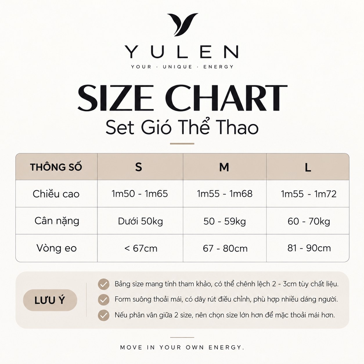 Bảng size Set gió thể thao YULEN
