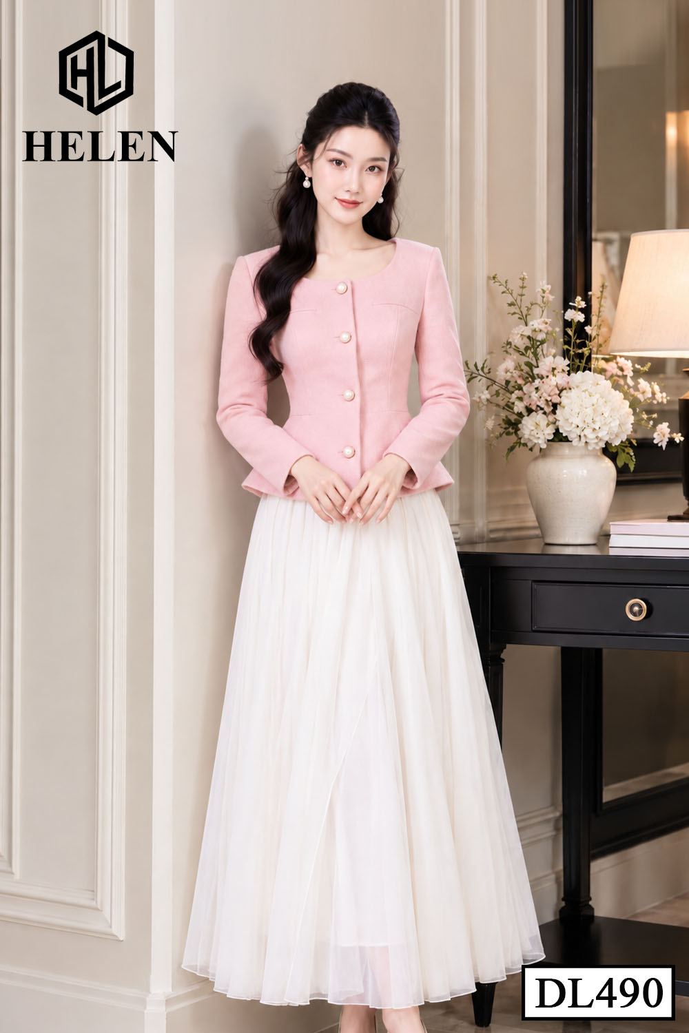 Đầm xòe liền thân hồng phối chân voan DL490