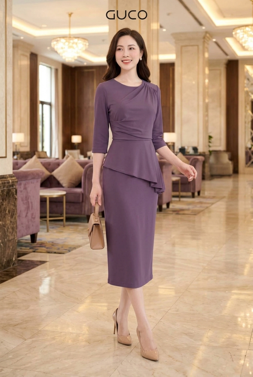 Đầm Peplum Tím Xếp Ly Tay Lỡ - 5198